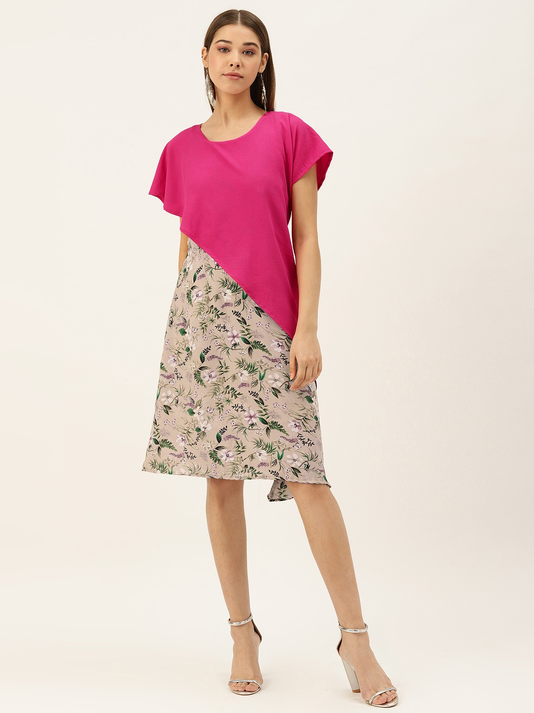 

DODO & MOA Women Pink & Beige Layered Floral Print A-Line Dress