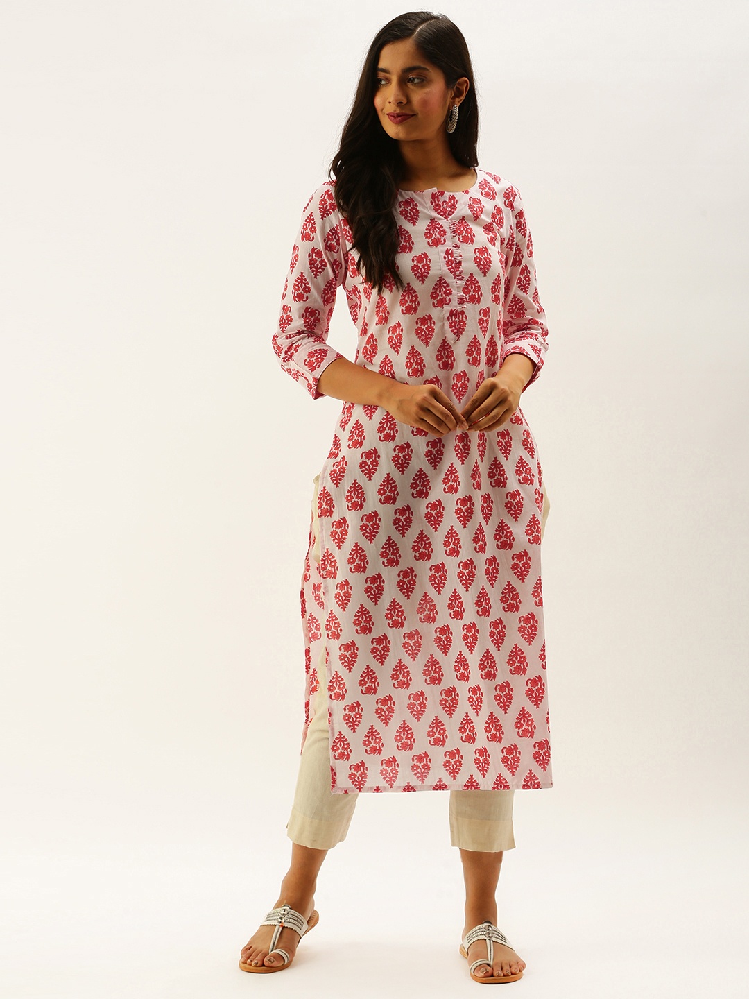 

Rajnandini Women White & Red Block Printed Straight Kurta