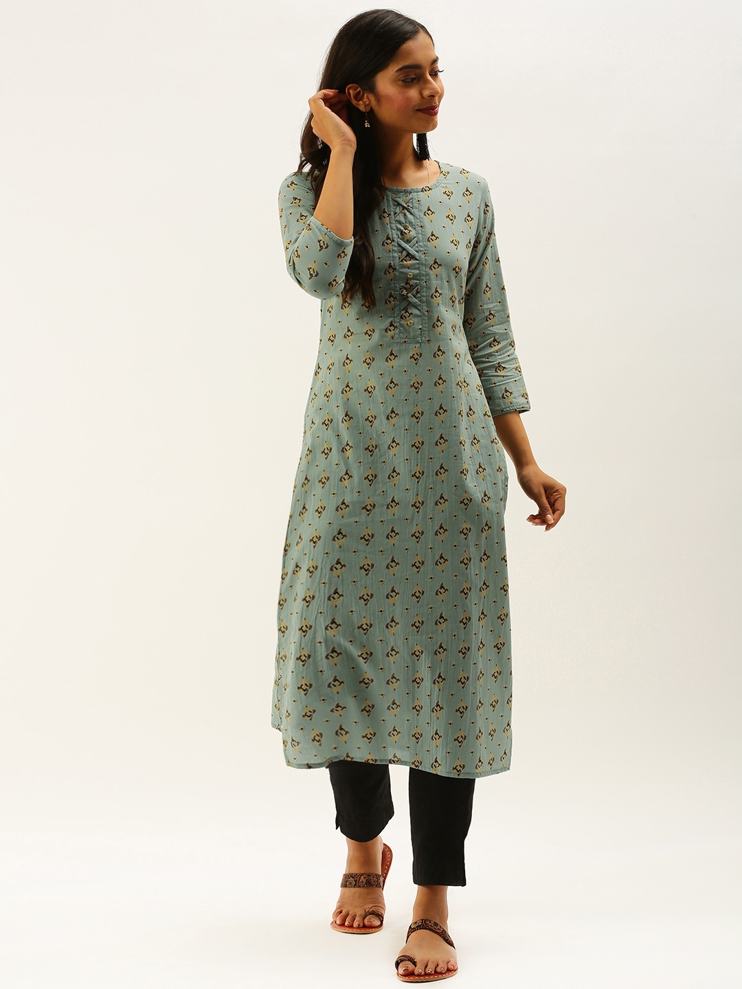 

Rajnandini Women Green & Brown Printed Straight Kurta