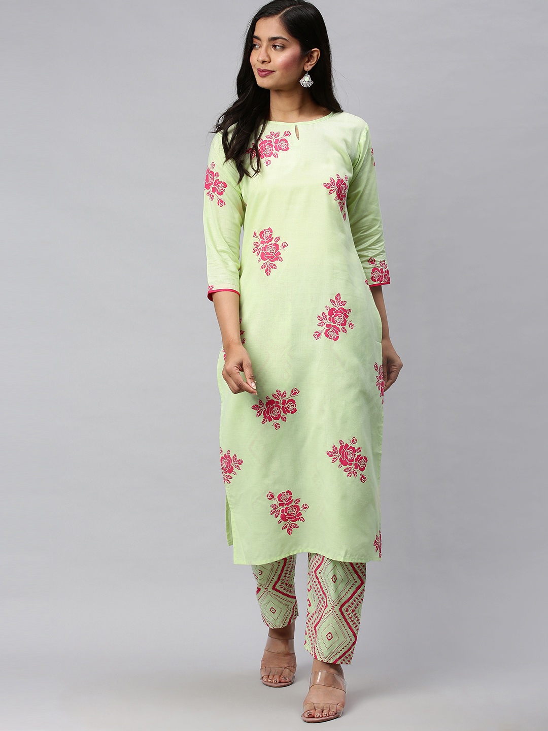 

KALINI Women Green & Pink Floral Printed Kurta with Trousers