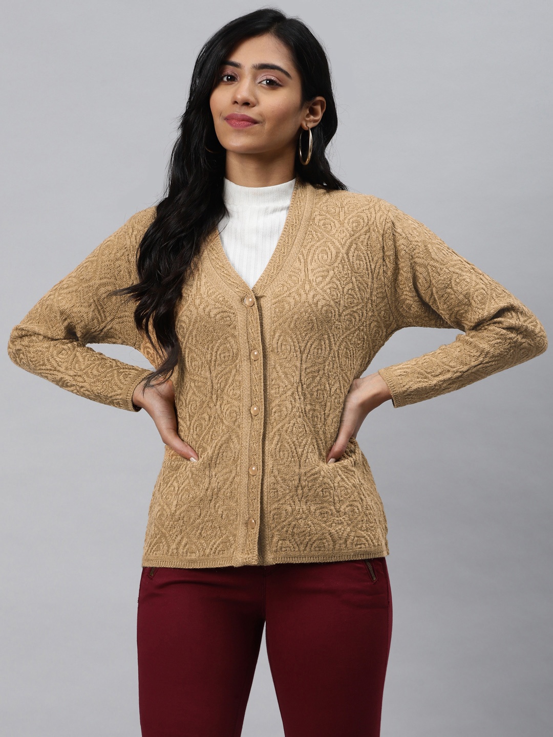 

Cayman Women Beige Self Design Cardigan Sweater