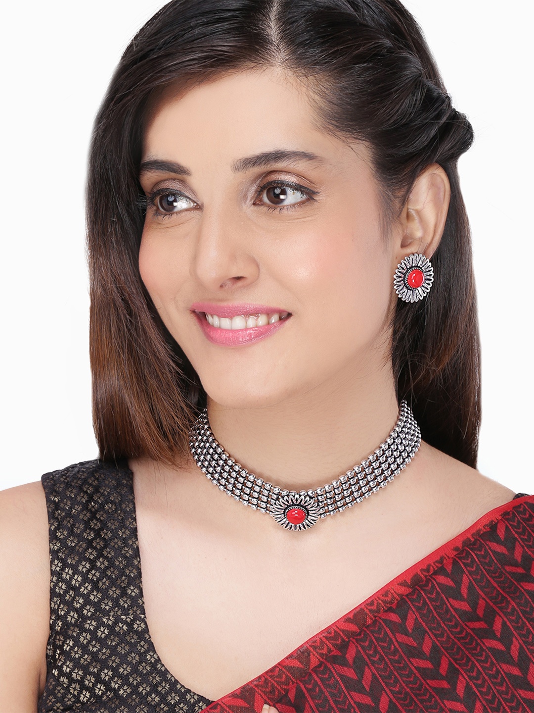 

Yellow Chimes Silver-Plated & Red German Silver Oxidised Floral Jewellery Set