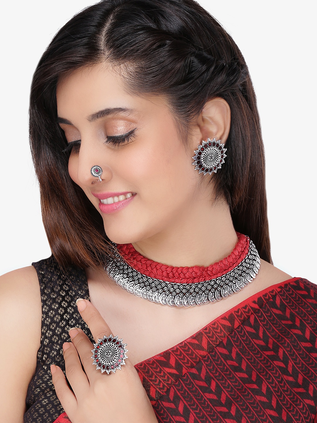 

Yellow Chimes Oxidised Silver-Plated Lakshmi Coins Handcrafted Jewellery Set