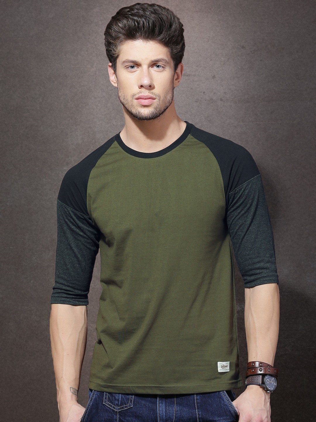 

Roadster Men Olive Green & Black Colourblocked T-Shirt