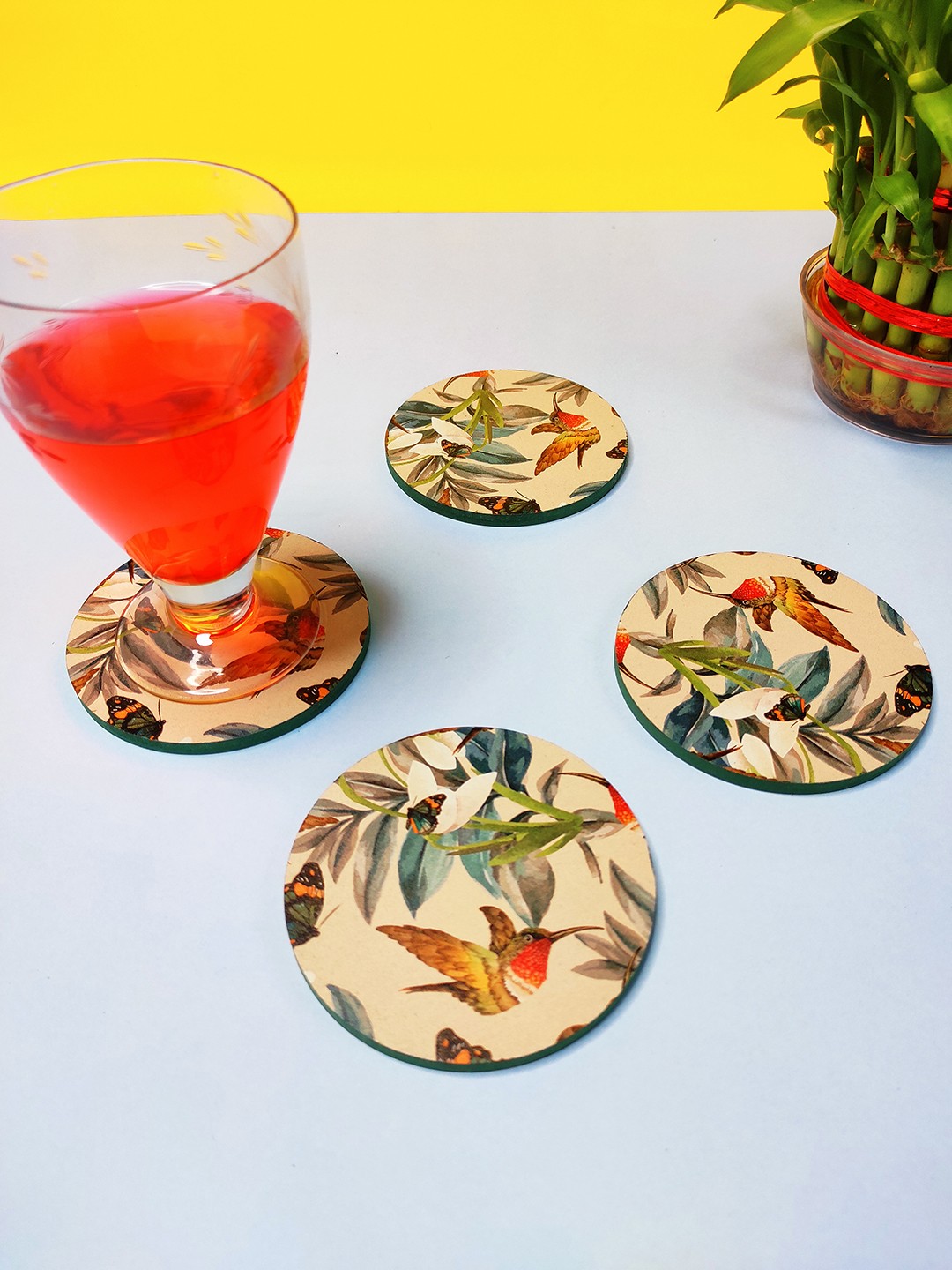 

CRAYTON Set of 4 Beige & Green Bird Print Coaster