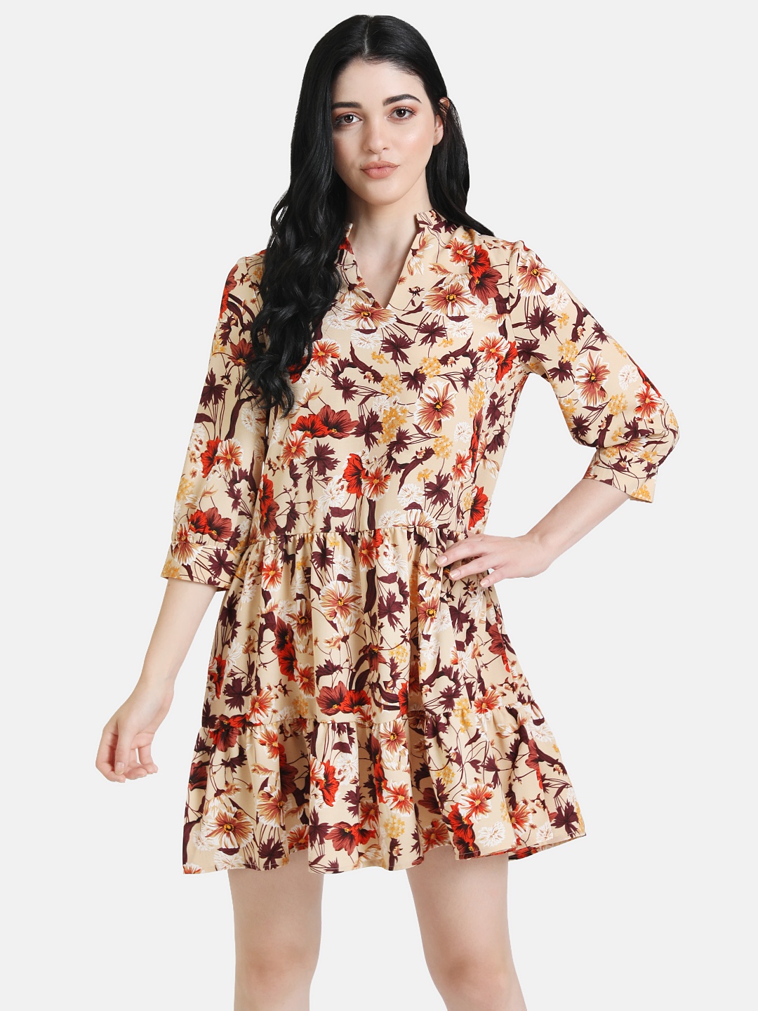 

Kazo Women Beige & Red Floral Printed A-Line Dress