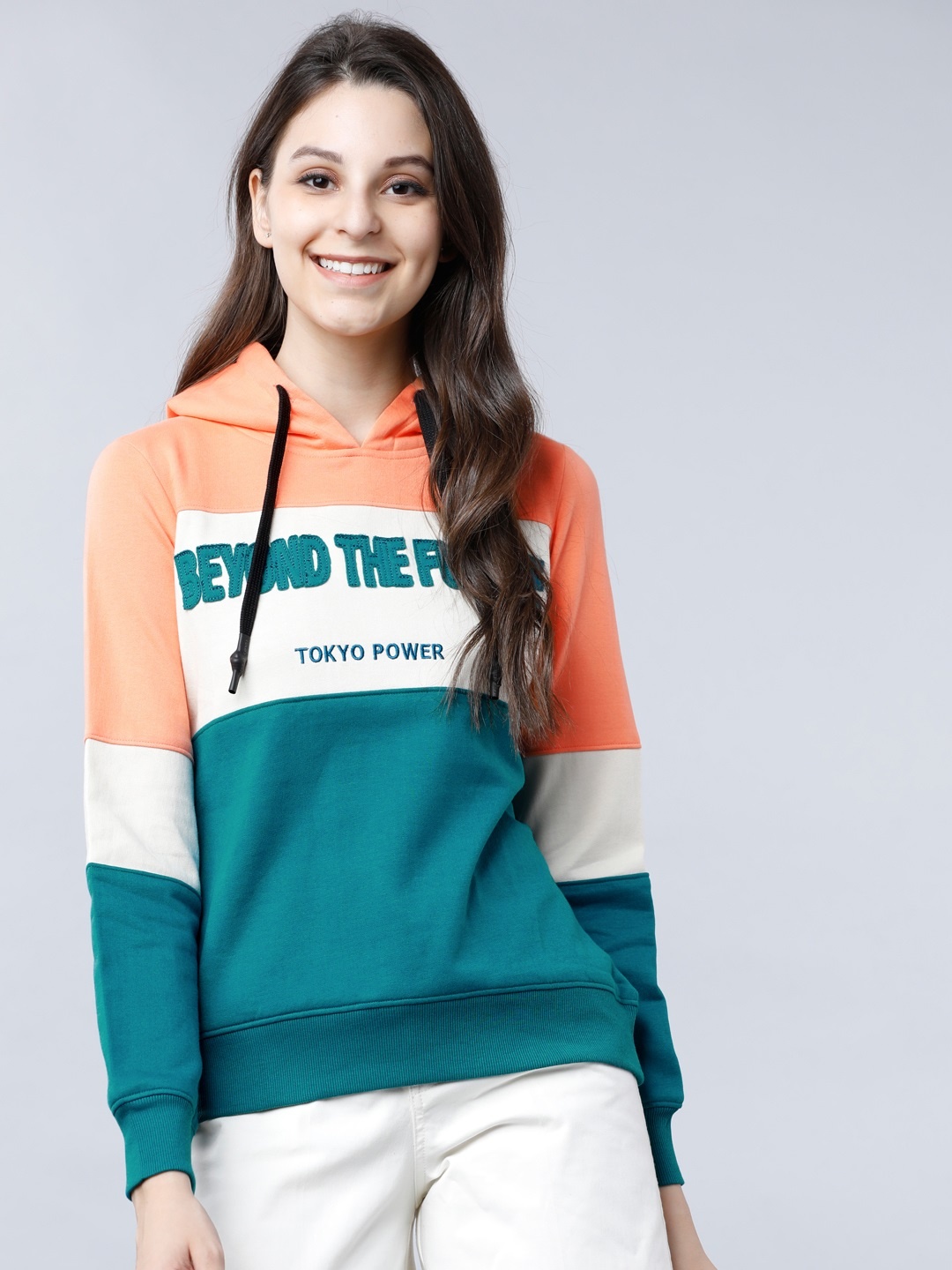 

Tokyo Talkies Women Peach-Coloured & Teal Blue Colourblocked Hooded Sweatshirt