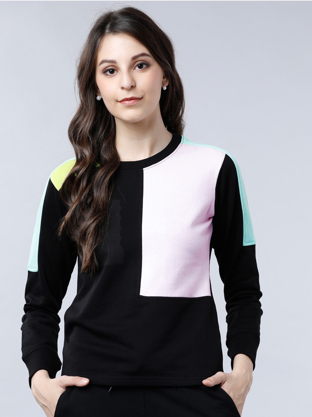 

Tokyo Talkies Women Black & Pink Colourblocked Sweatshirt