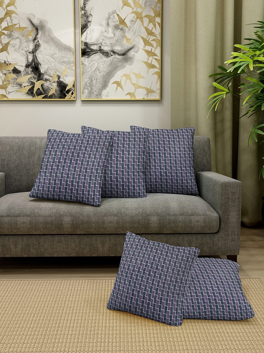

KLOTTHE Purple & Grey Set of 5 Checked Square Cushion Covers