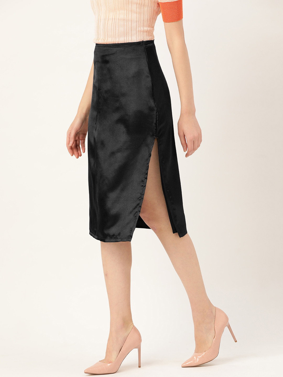 

Besiva Women Black Satin Finish Solid Straight Skirt