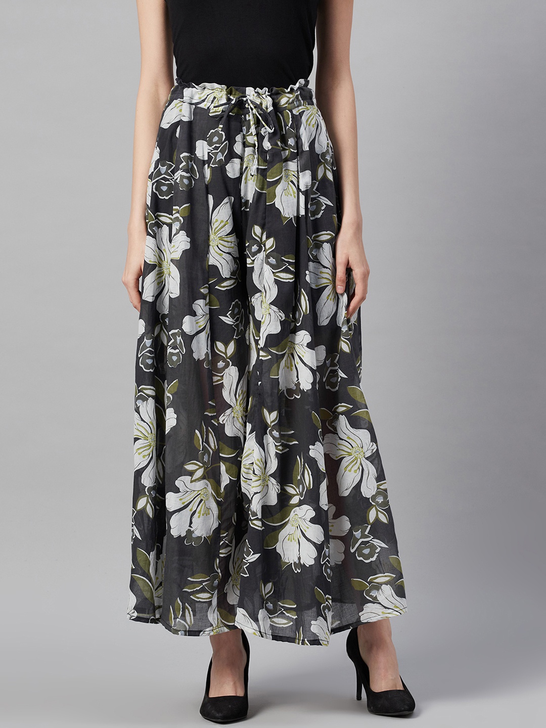 

I AM FOR YOU Women Black & Grey Floral Print Flared Palazzos