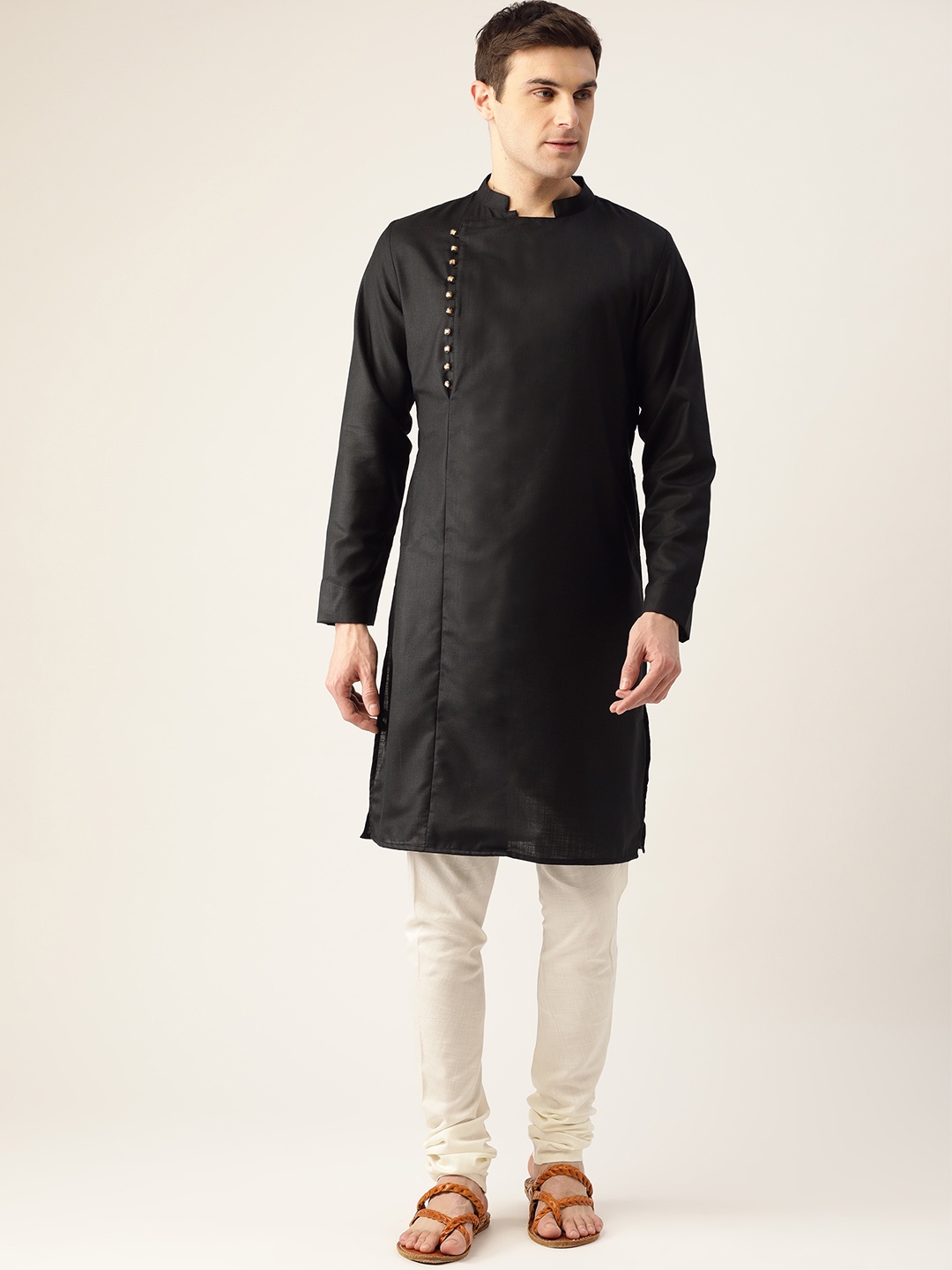 

Molly & Michel Men Black Solid Angrakha Straight Kurta