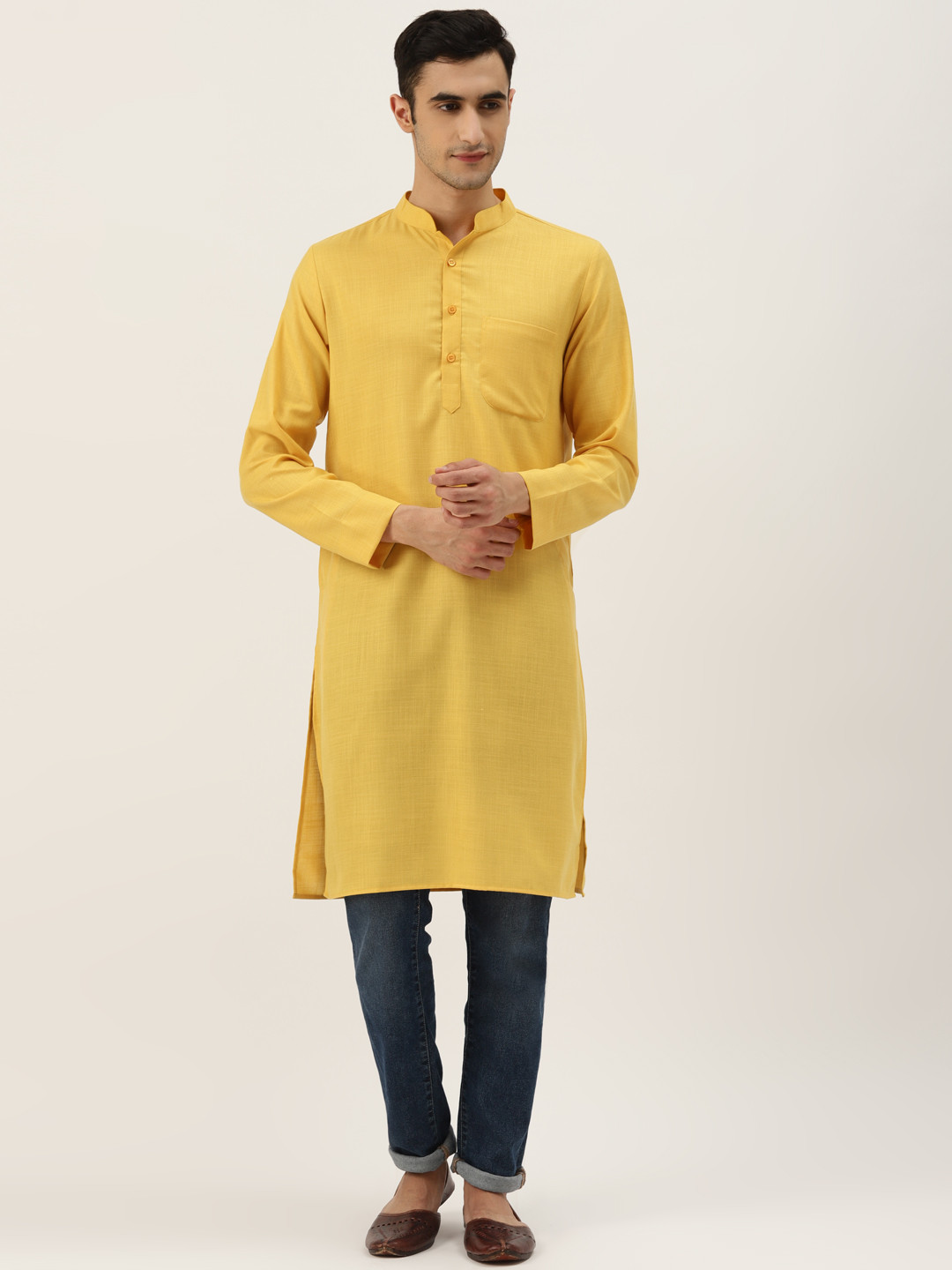 

Molly & Michel Men Mustard Yellow Solid Cotton Straight Kurta