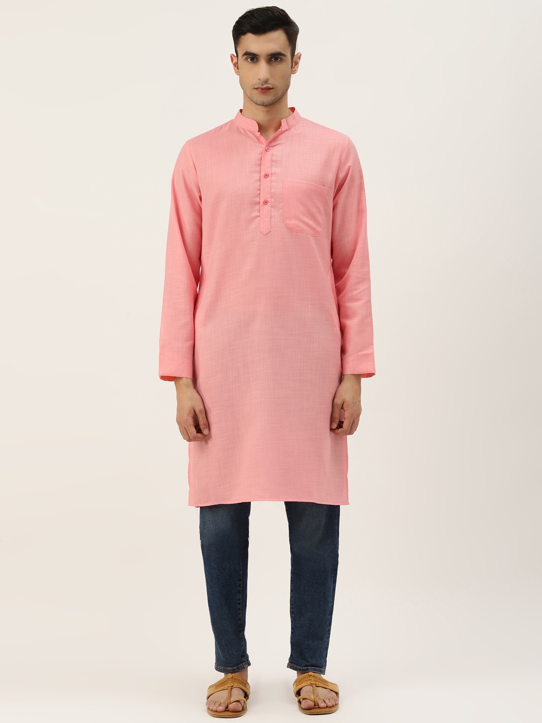 

Molly & Michel Men Peach-Coloured Solid Cotton Straight Kurta