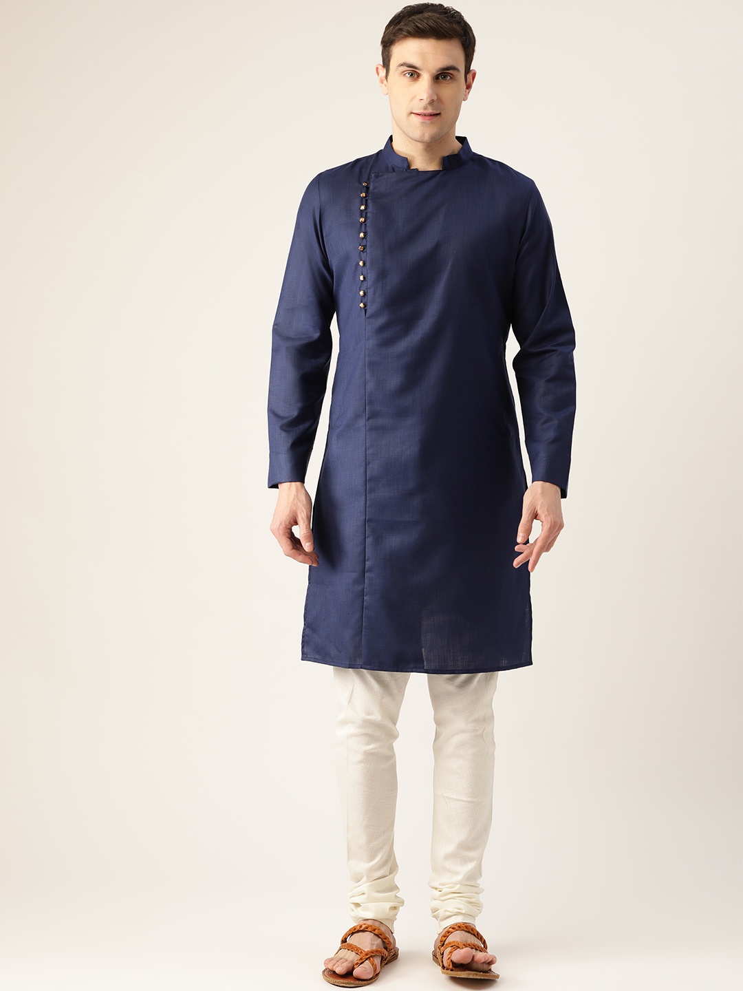 

Molly & Michel Men Navy Blue Solid Cotton Straight Kurta