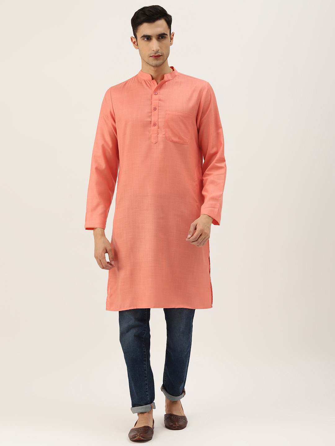 

Molly & Michel Men Peach-Coloured Solid Straight Kurta