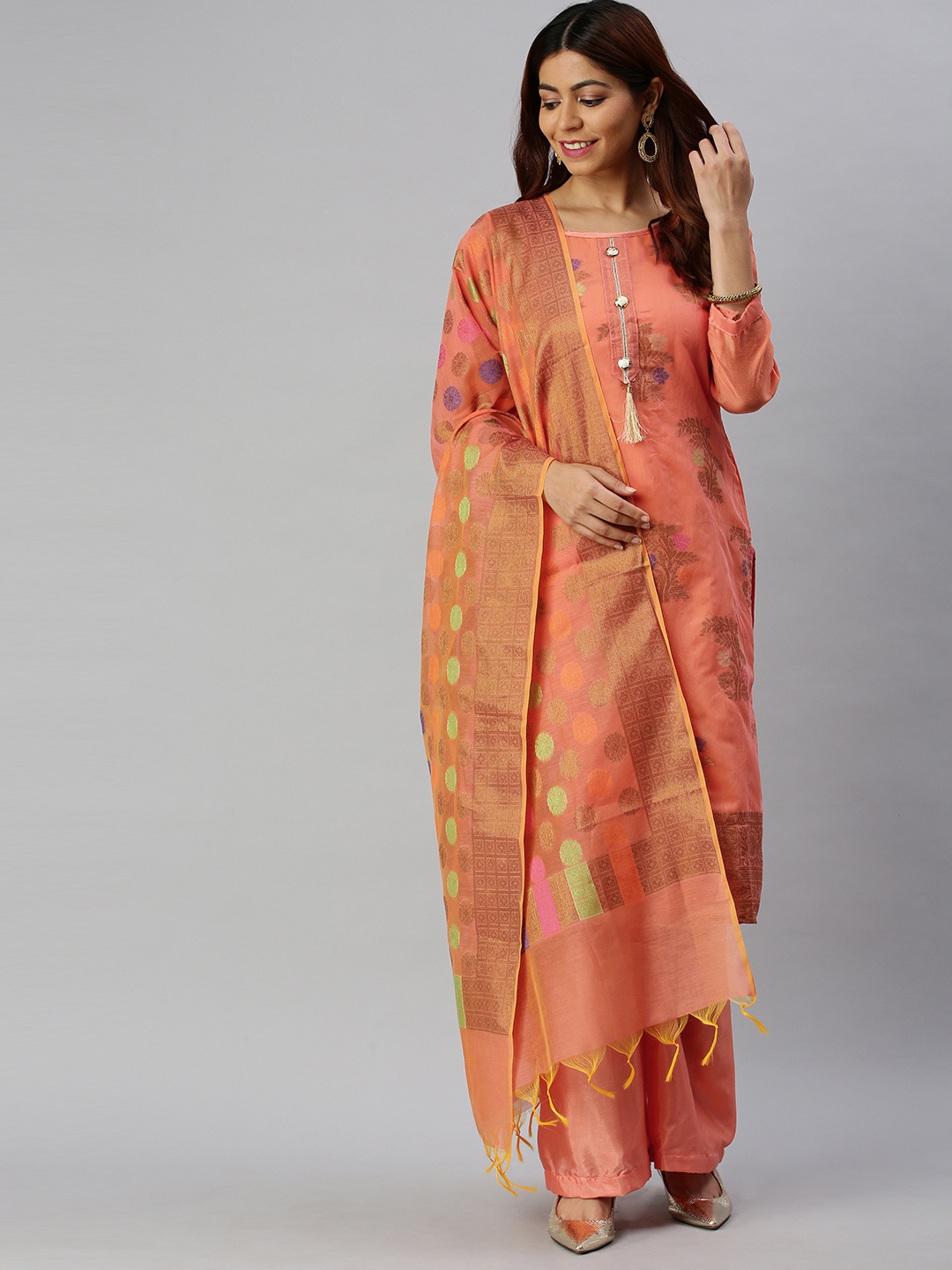 

Blissta Orange & Gold-Toned Silk Blend Unstitched Dress Material