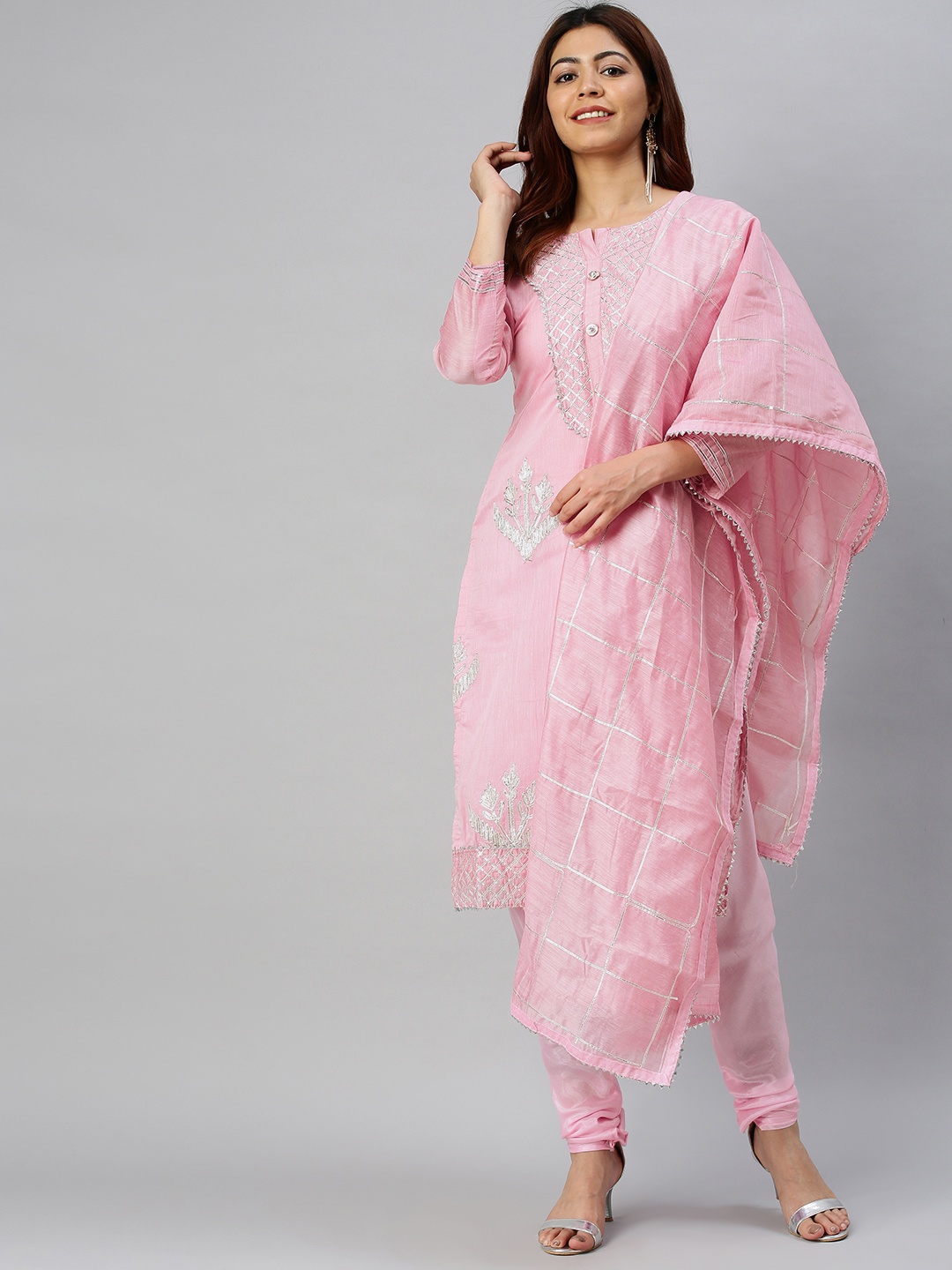

Blissta Pink & Silver-Toned Cotton Blend Unstitched Dress Material