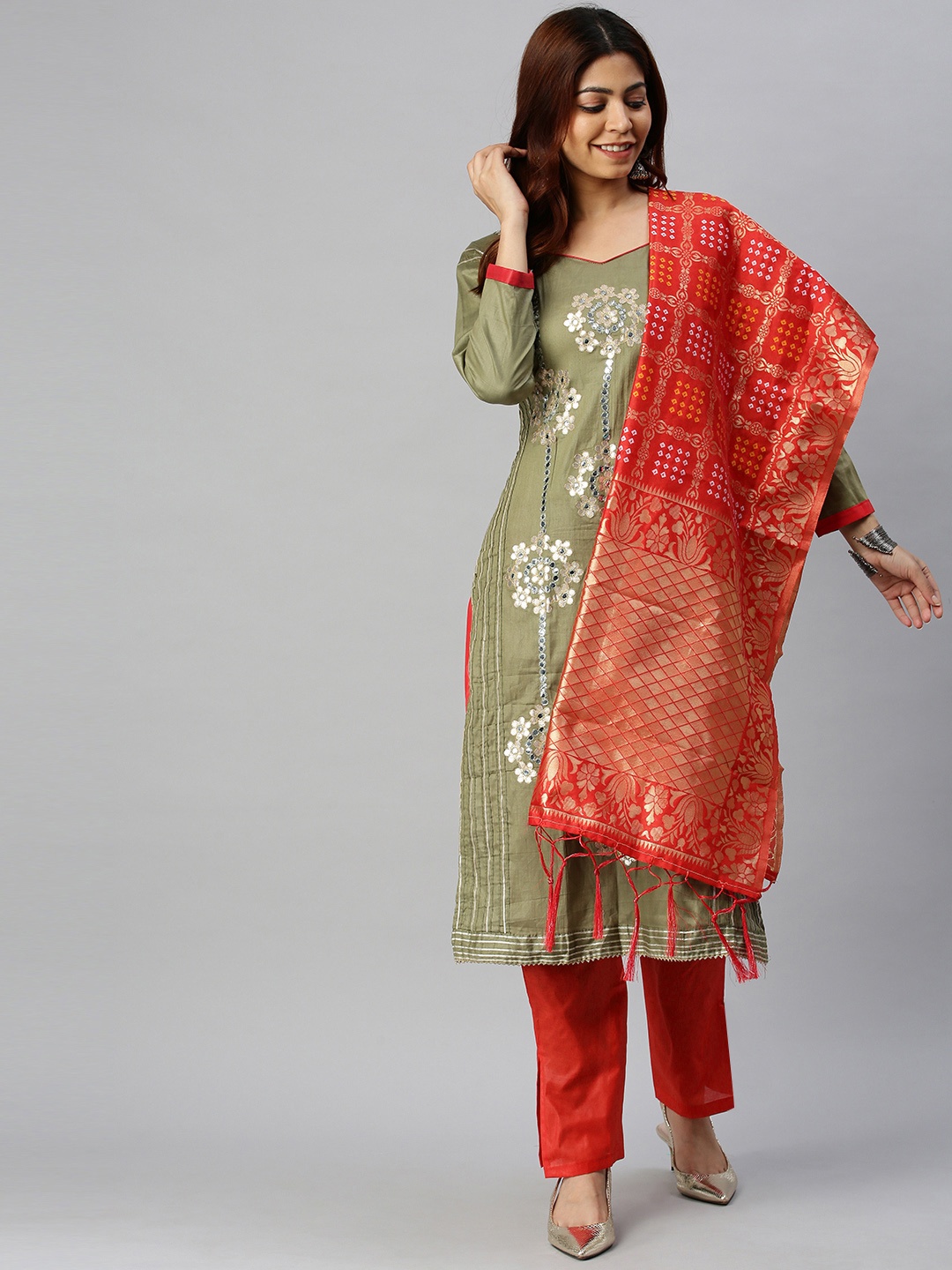 

Blissta Olive Green & Red Cotton Blend Unstitched Dress Material
