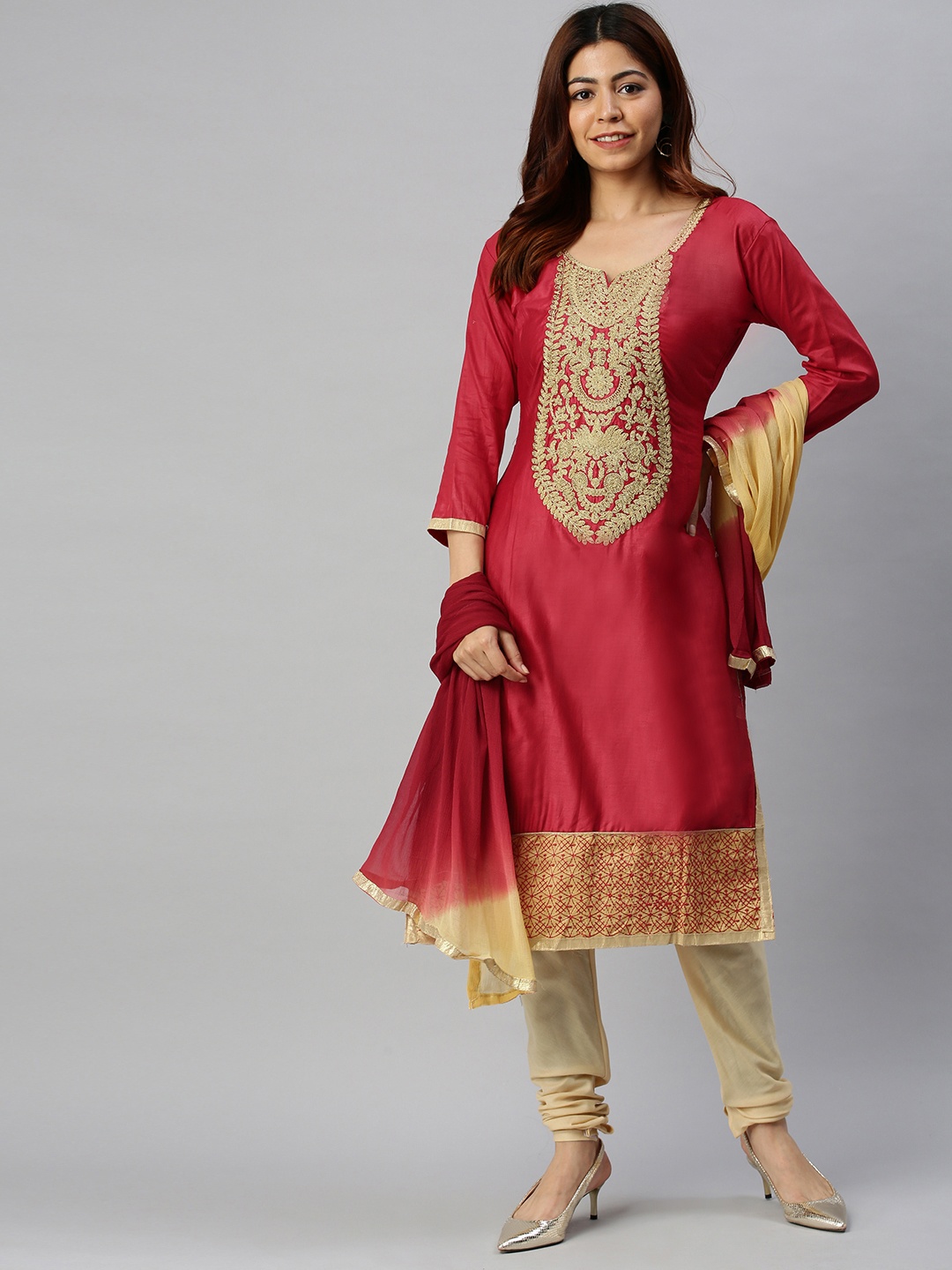 

Blissta Red & Gold-Coloured Cotton Blend Unstitched Dress Material