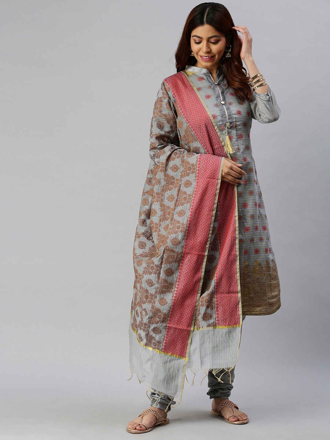 

Blissta Grey Silk Blend Unstitched Dress Material