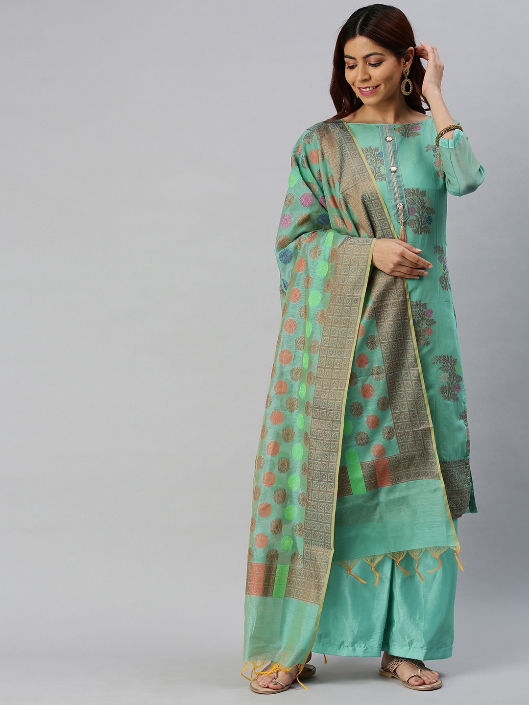 

Blissta Sea Green & Brown Silk Blend Unstitched Dress Material