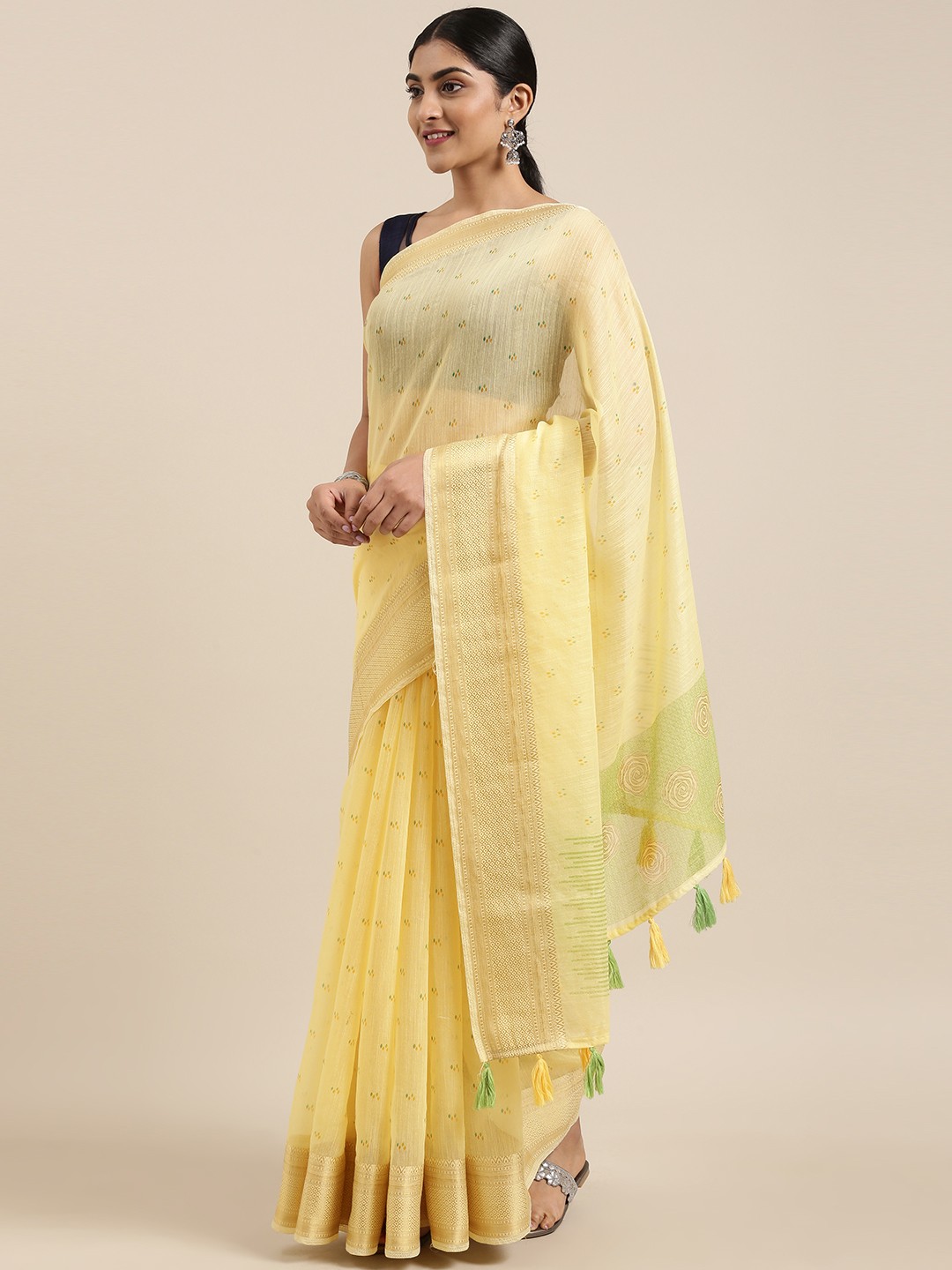 

Triveni Yellow Printed Pure Cotton Saree