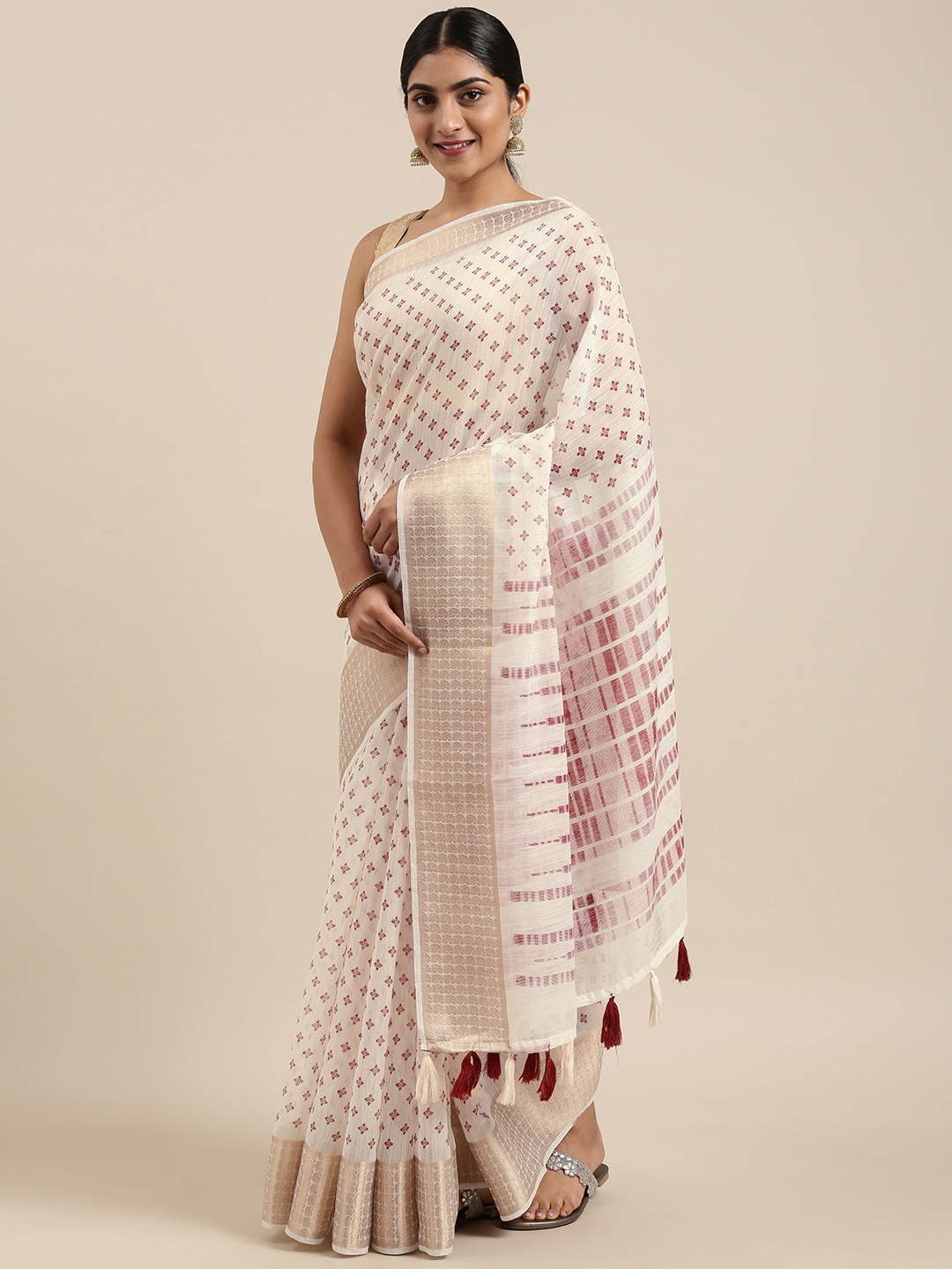 

Triveni White & Pink Pure Cotton Printed Saree