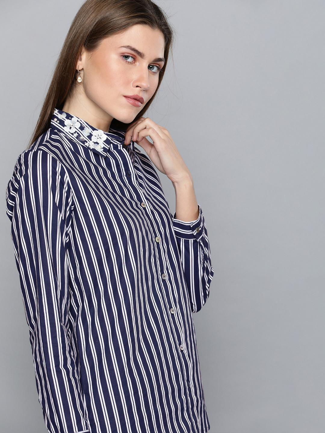 

Chemistry Women Navy Blue & White Striped Regular Fit Casual Shirt