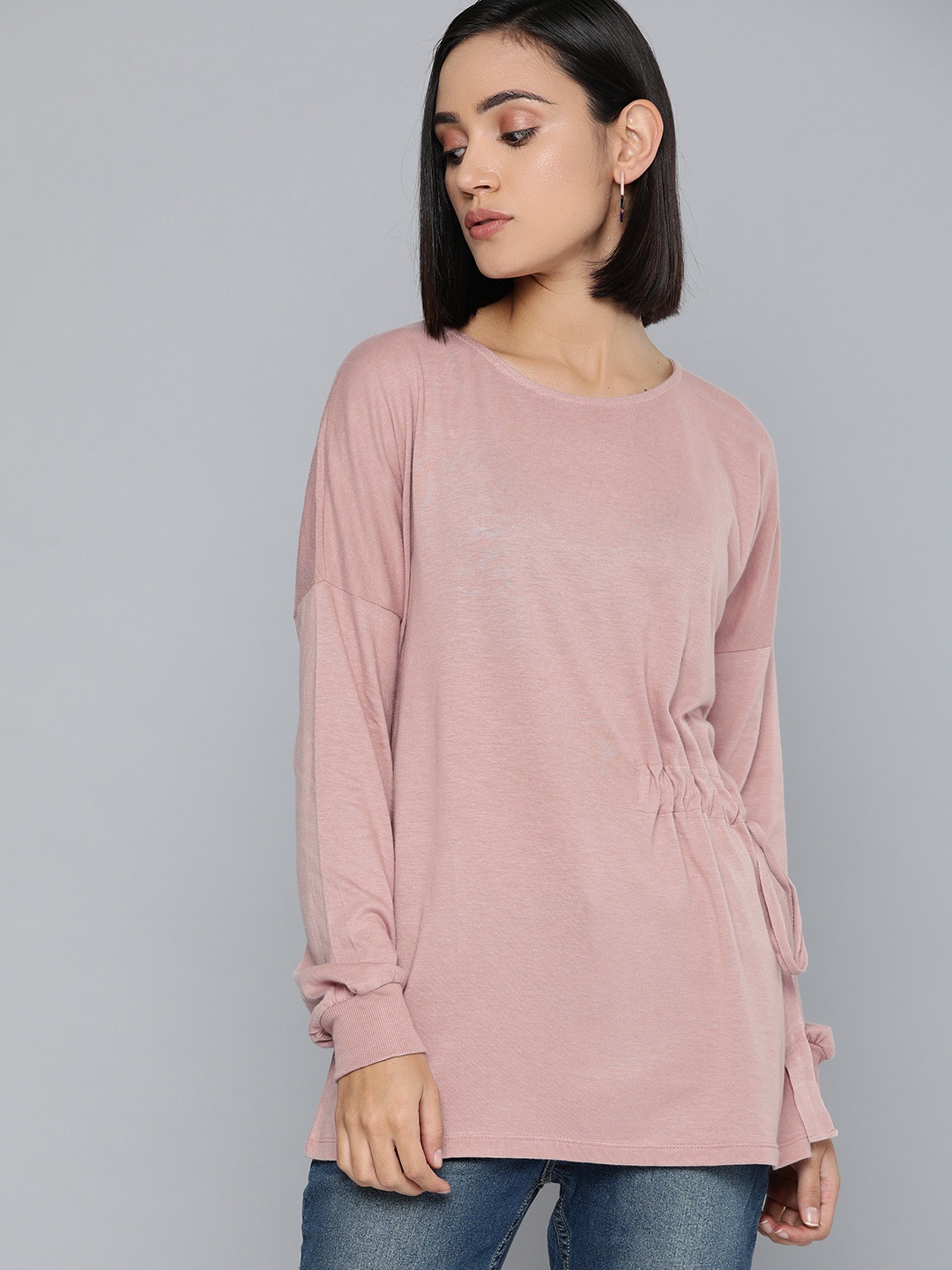 

Chemistry Women Pink Solid Longline Top with Tie-Up Detail