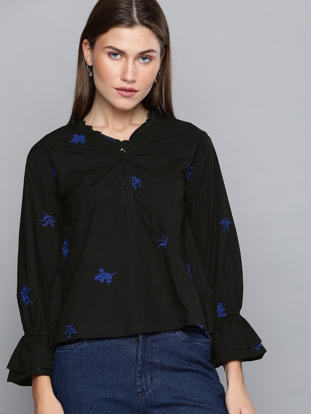 

Chemistry Women Black Embroidered Pure Cotton Top