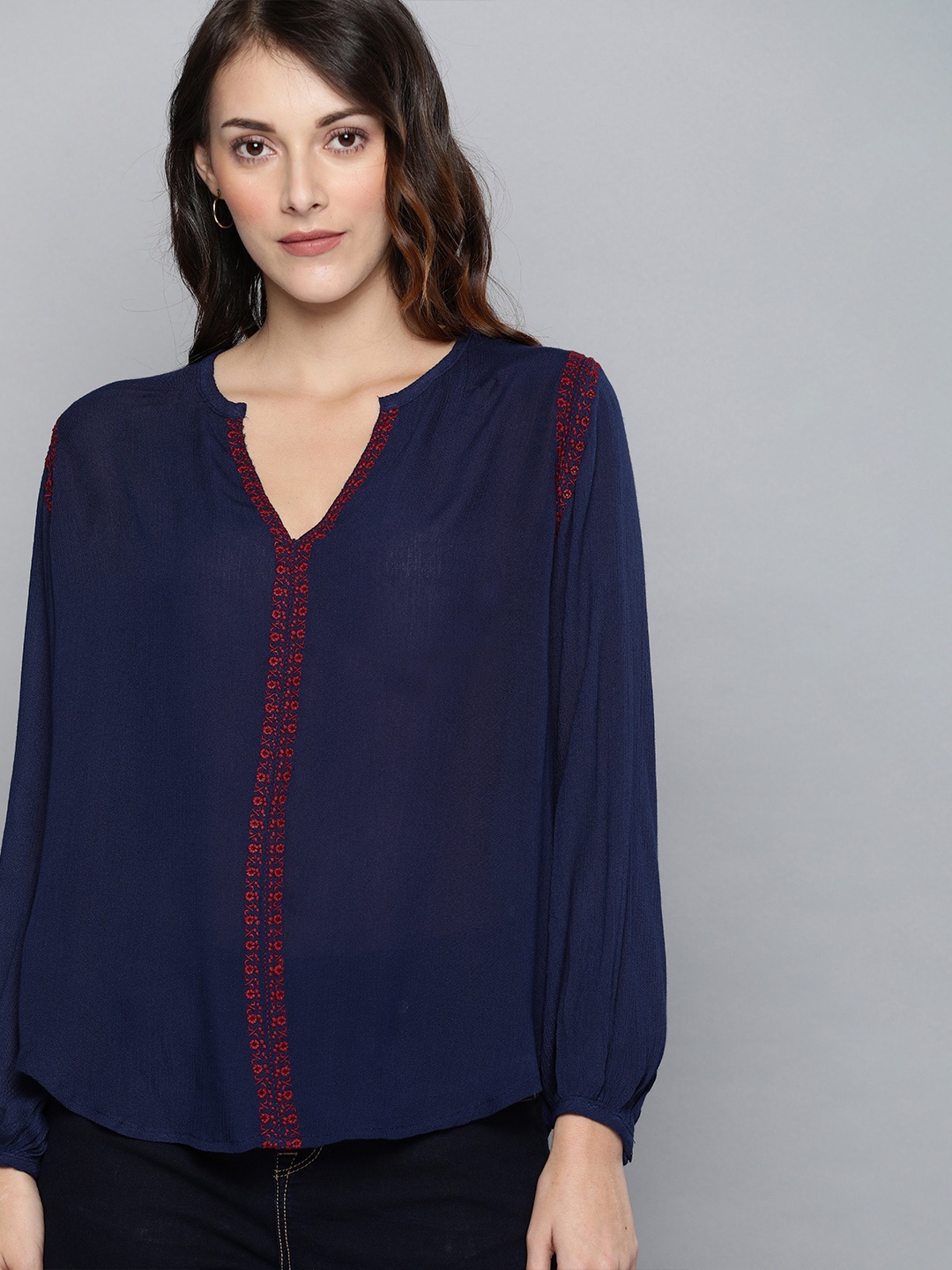 

Chemistry Women Navy Blue Embroidered Top