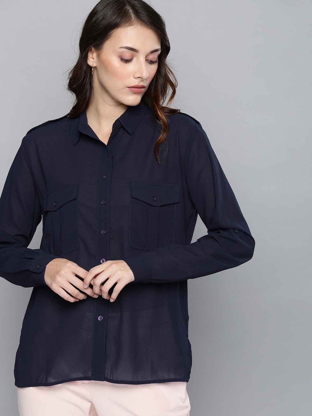 

Chemistry Women Navy Blue Regular Fit Solid Sheer Casual Shirt