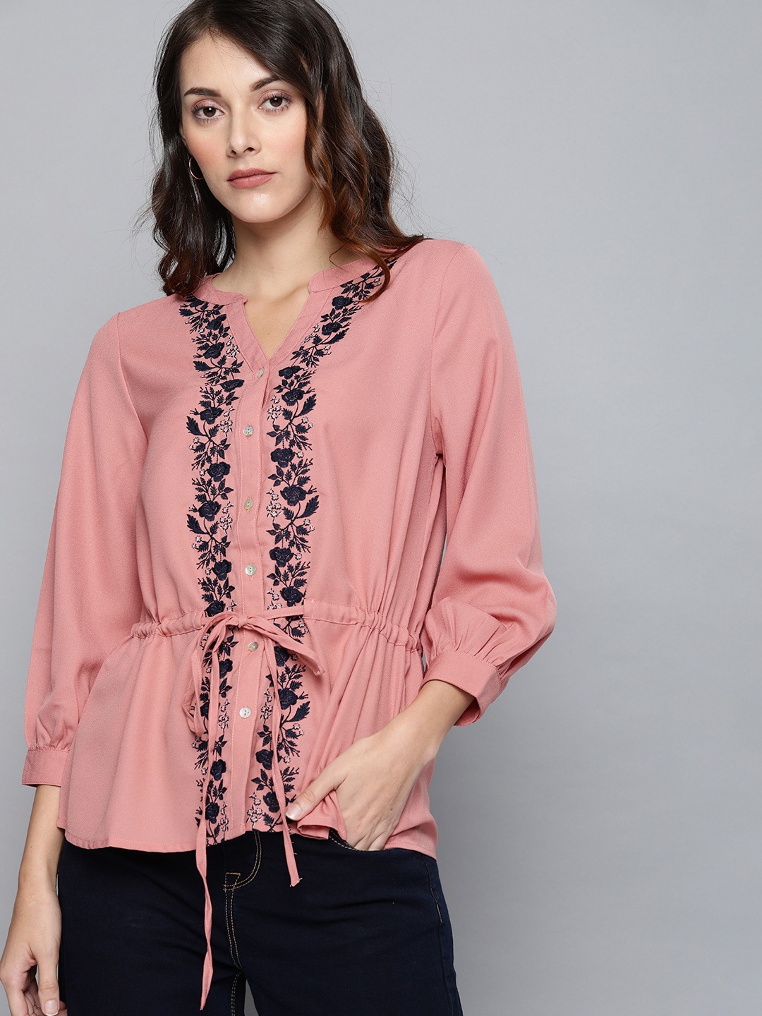 

Chemistry Women Pink Embroidered Shirt Style Top with Waist Tie-Ups