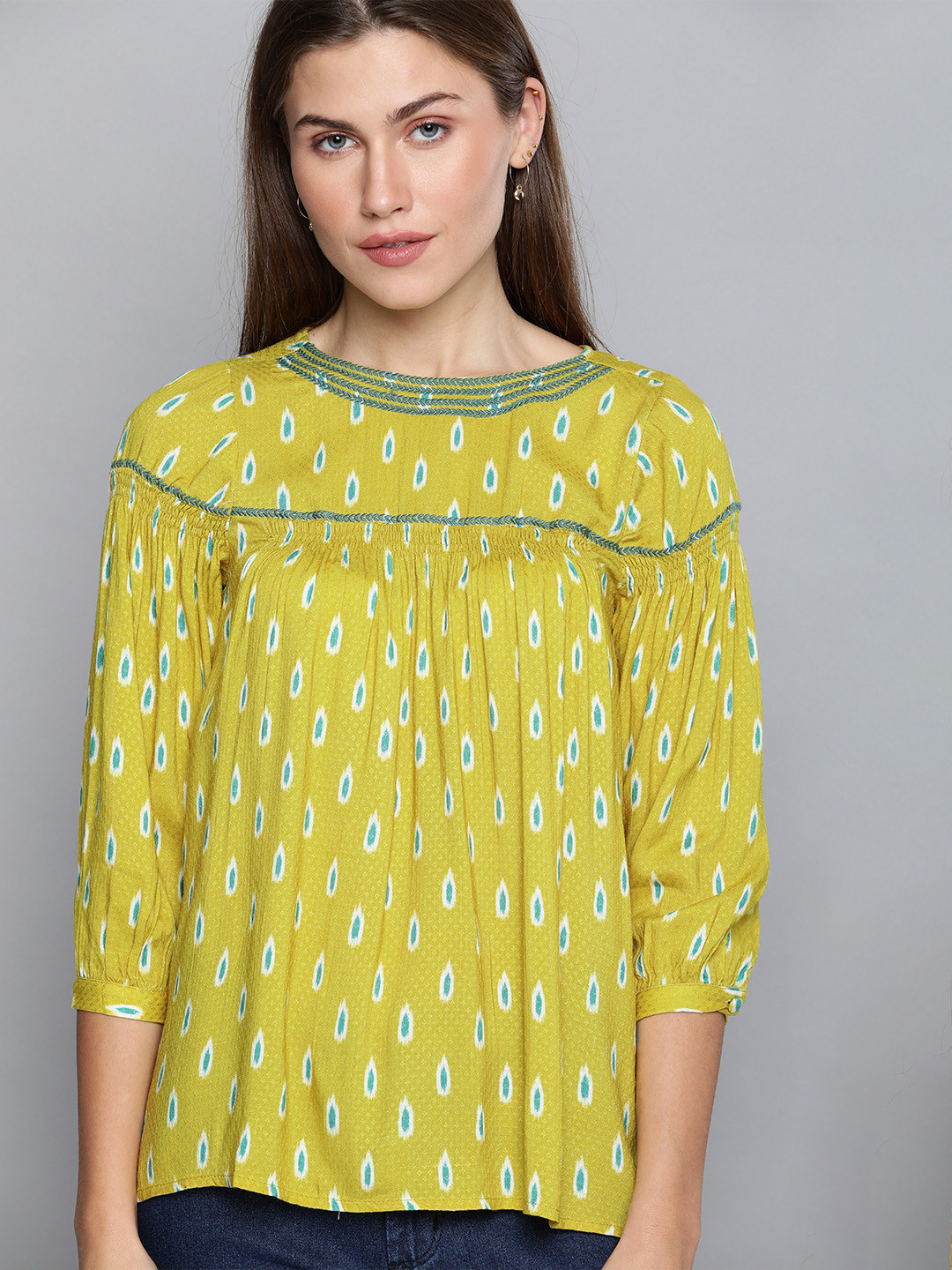 

Chemistry Women Lime Green & Teal Blue Printed Top with Gathers