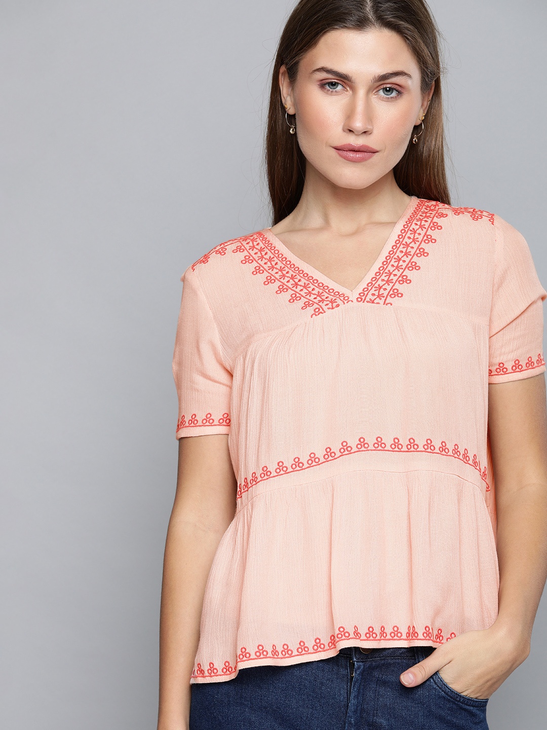 

Chemistry Women Peach-Coloured Embroidered Tiered Top