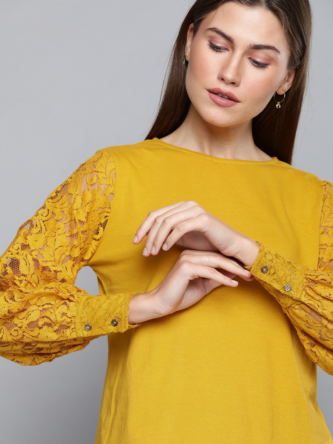 

Chemistry Women Mustard Yellow Solid Top With Lace Inserts Sleeves
