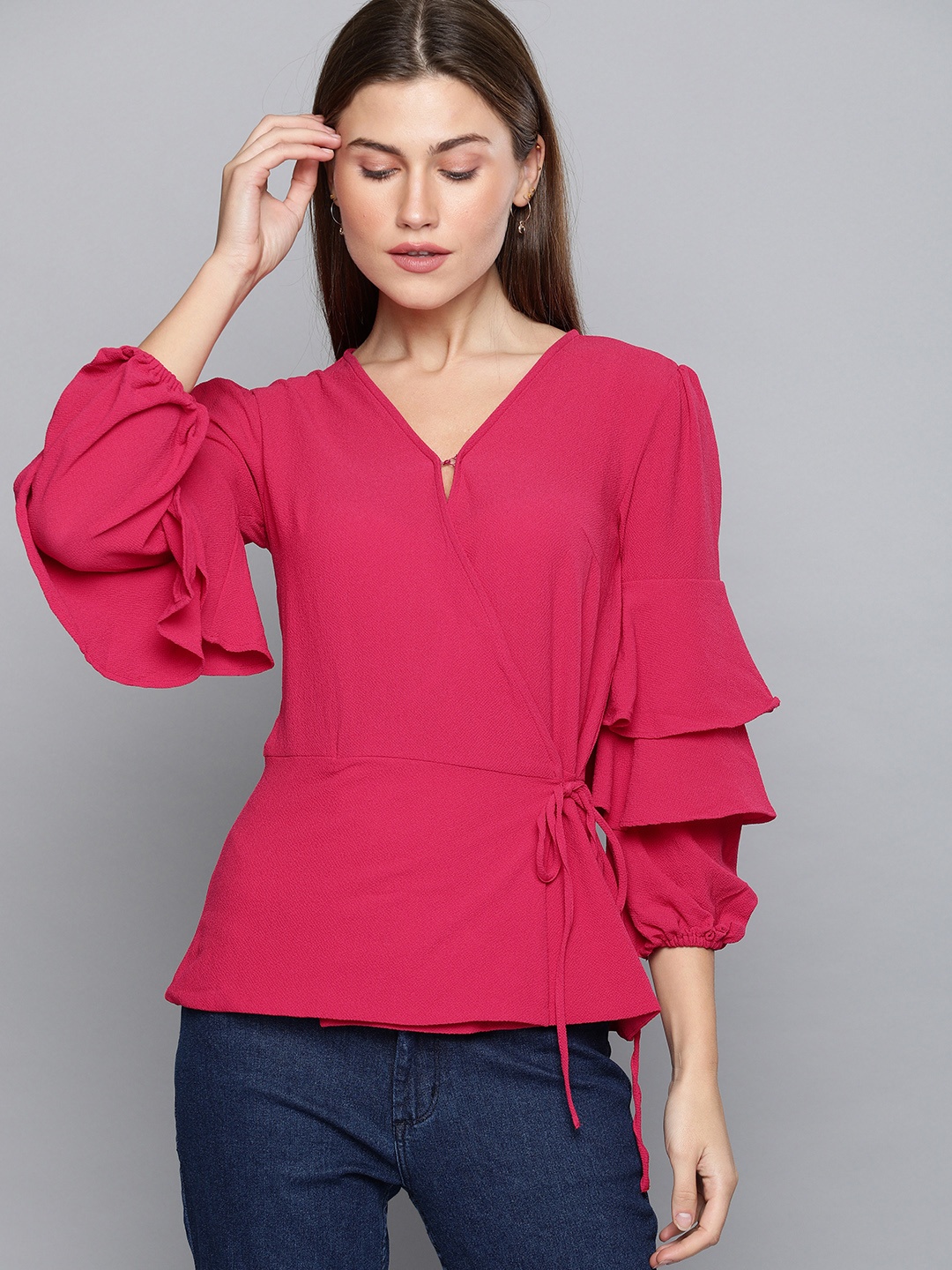 

Chemistry Women Fuchsia Pink Solid Wrap Top with Waist Tie-Ups