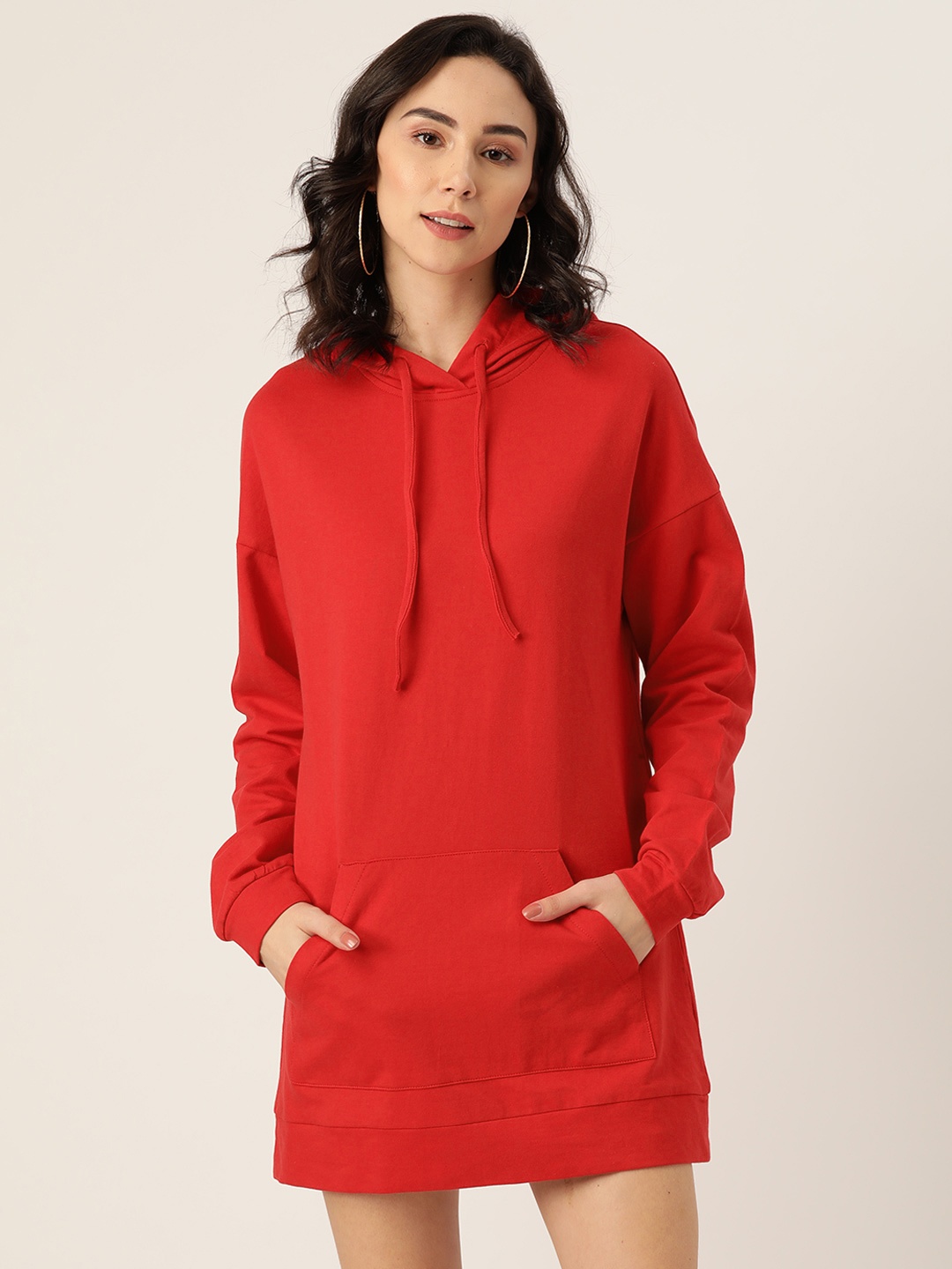 

Besiva Women Red Solid Pure Cotton Hooded Jumper Dress