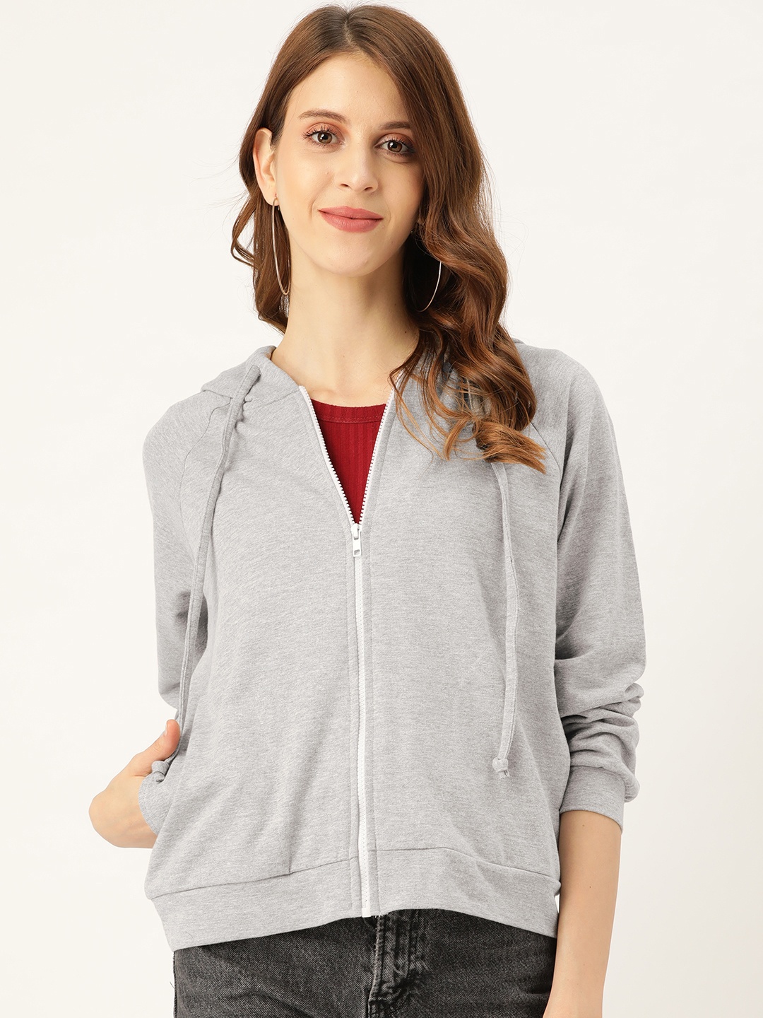 

Besiva Women Grey Melange Solid Pure Cotton Hooded Sweatshirt