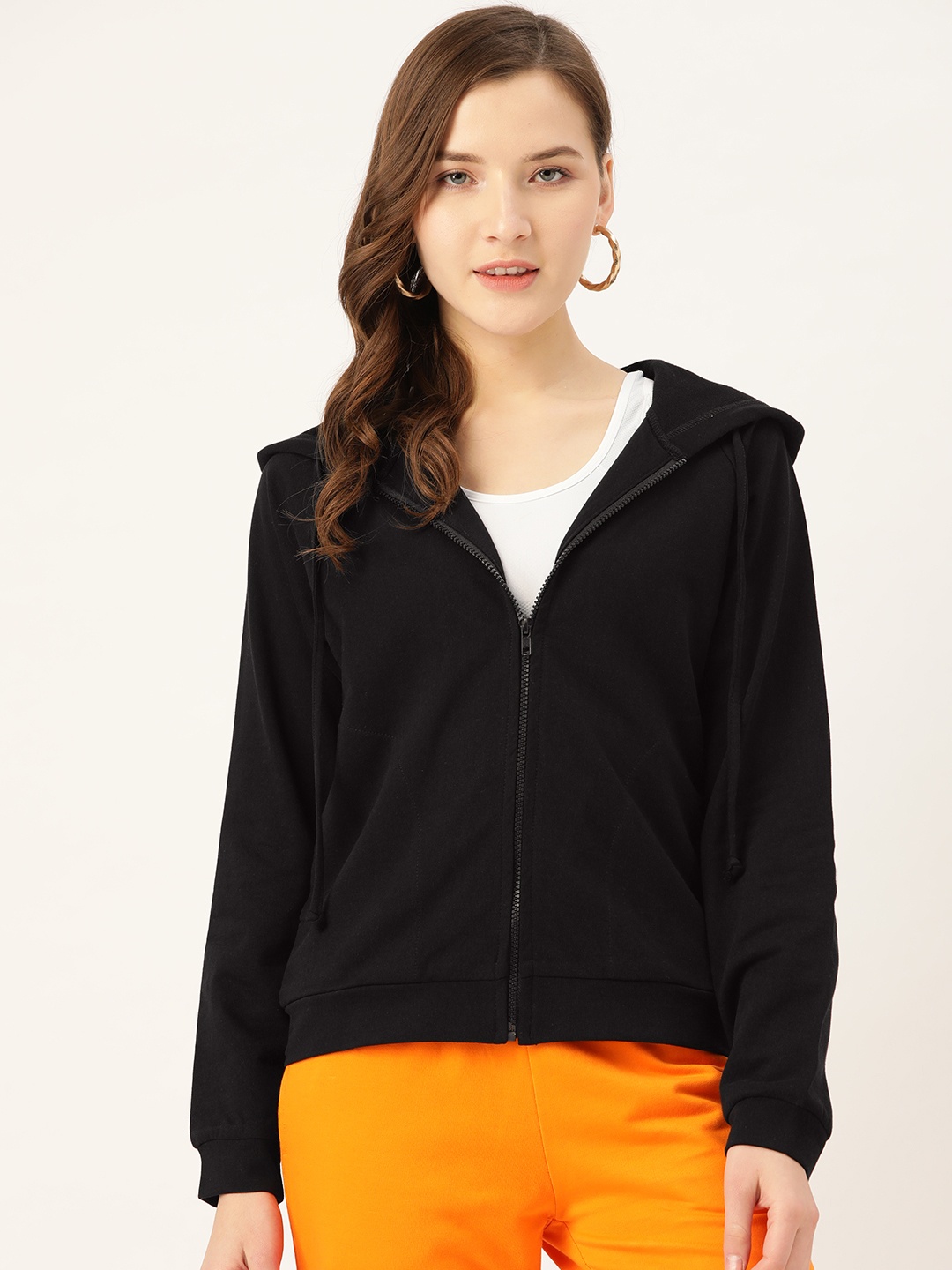 

Besiva Women Black Solid Pure Cotton Hooded Sweatshirt