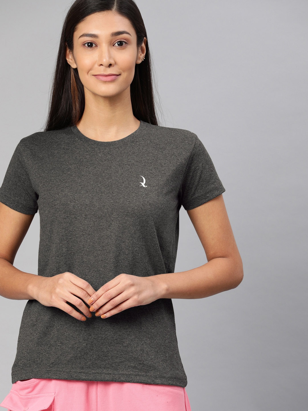 

QUARANTINE Women Charcoal Grey Solid Round Neck Lounge T-shirt