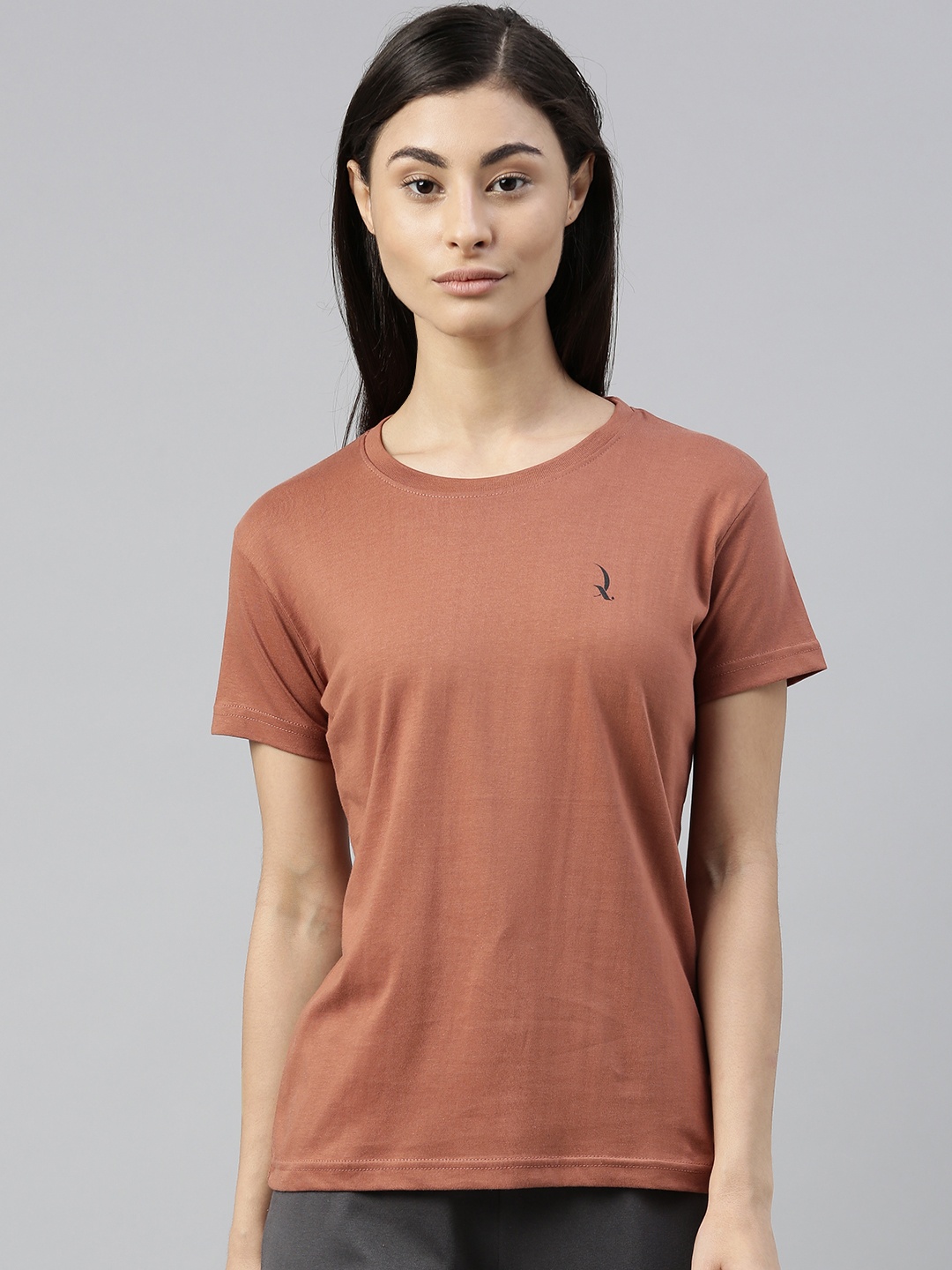 

QUARANTINE Women Brown Solid Round Neck Lounge T-shirt