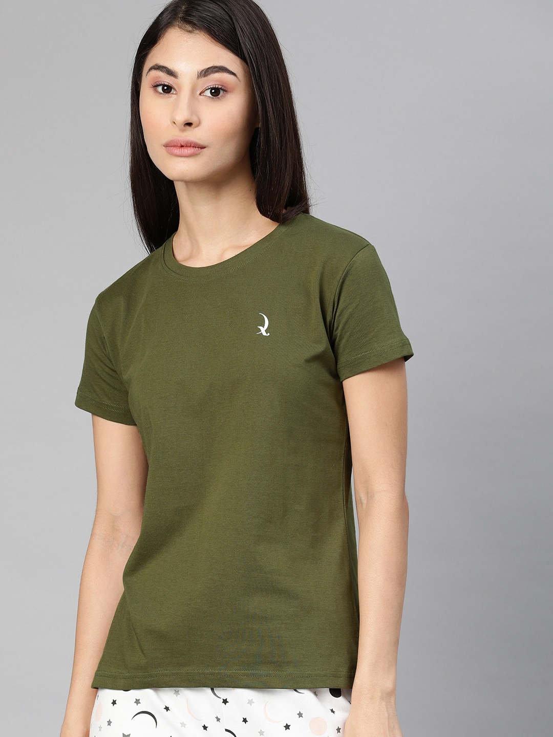 

QUARANTINE Women Olive Green Solid Round Neck Lounge T-shirt