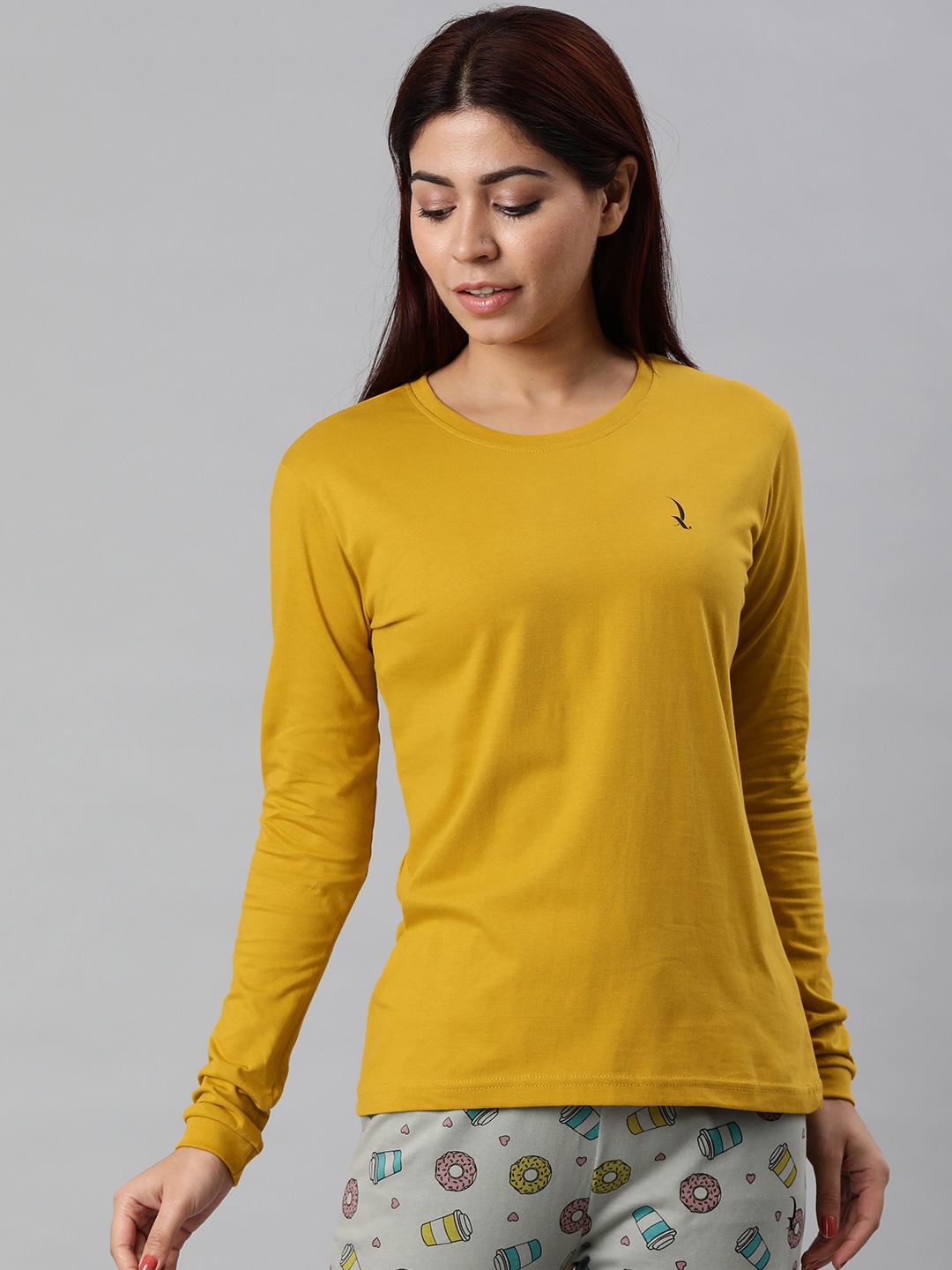 

QUARANTINE Women Mustard Yellow Solid Round Neck Lounge T-shirt