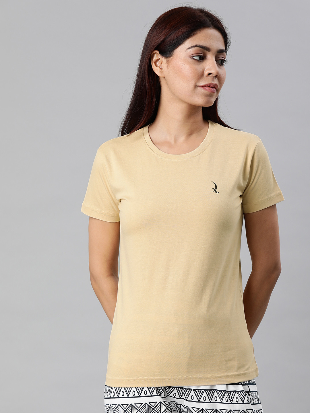

QUARANTINE Women Beige Solid Round Neck Lounge T-shirt