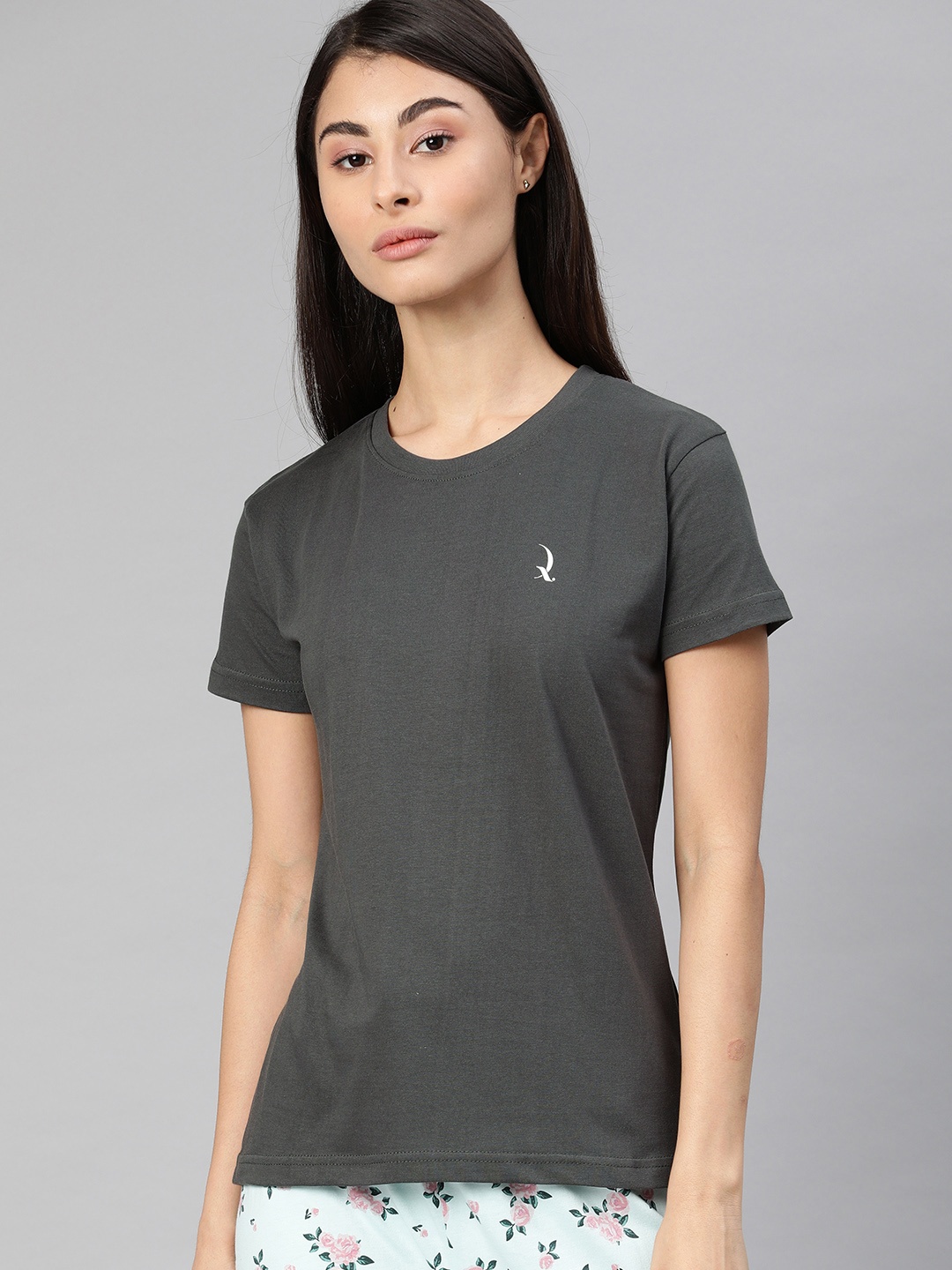 

QUARANTINE Women Grey Solid Round Neck Lounge T-shirt