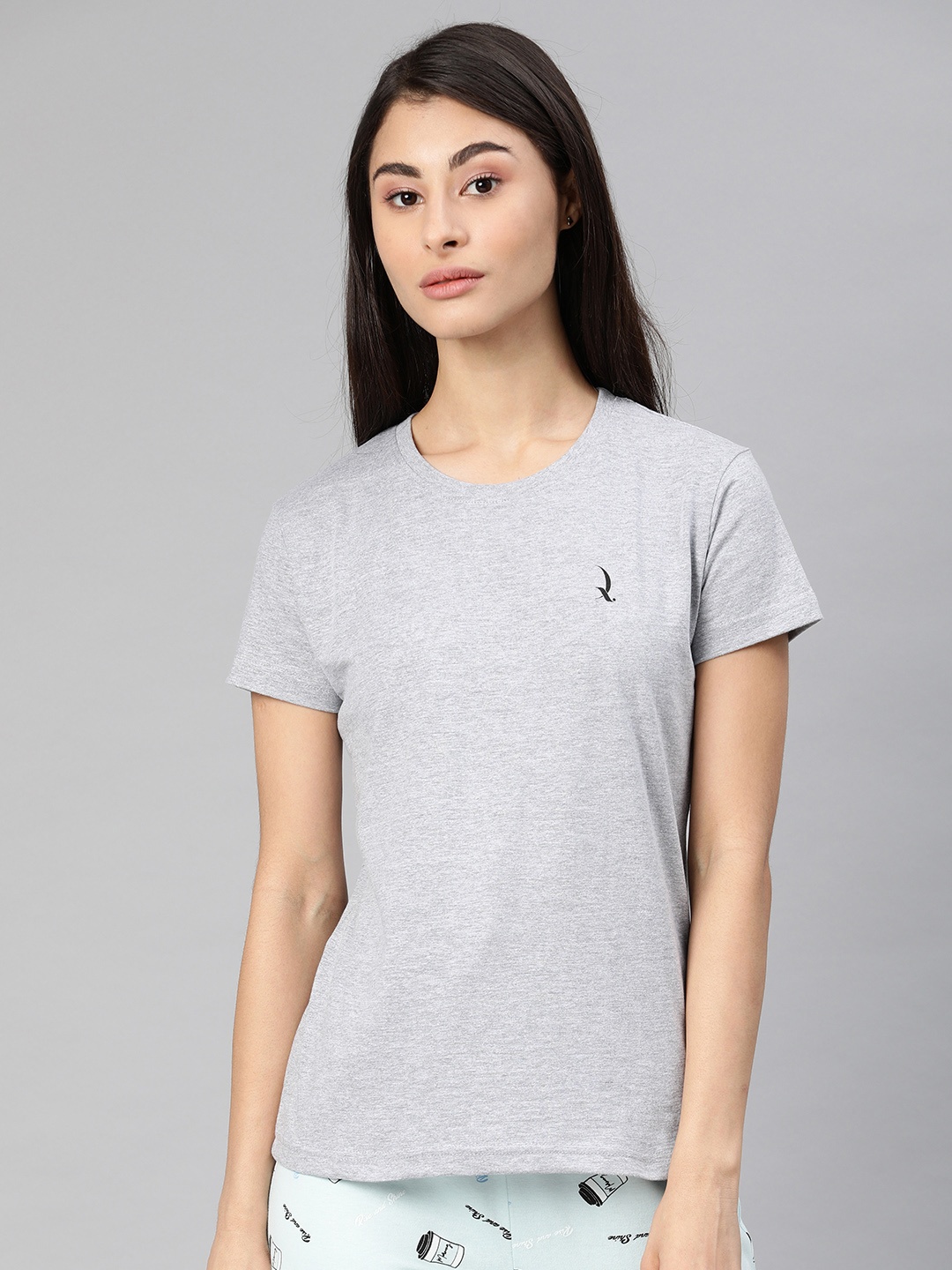

QUARANTINE Women Grey Melange Solid Round Neck Lounge T-shirt