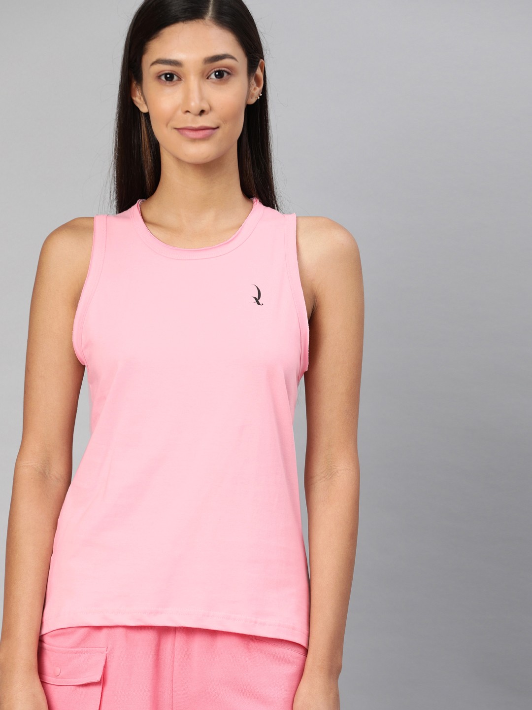 

QUARANTINE Women Pink Solid Sleeveless Round Neck Lounge T-shirt