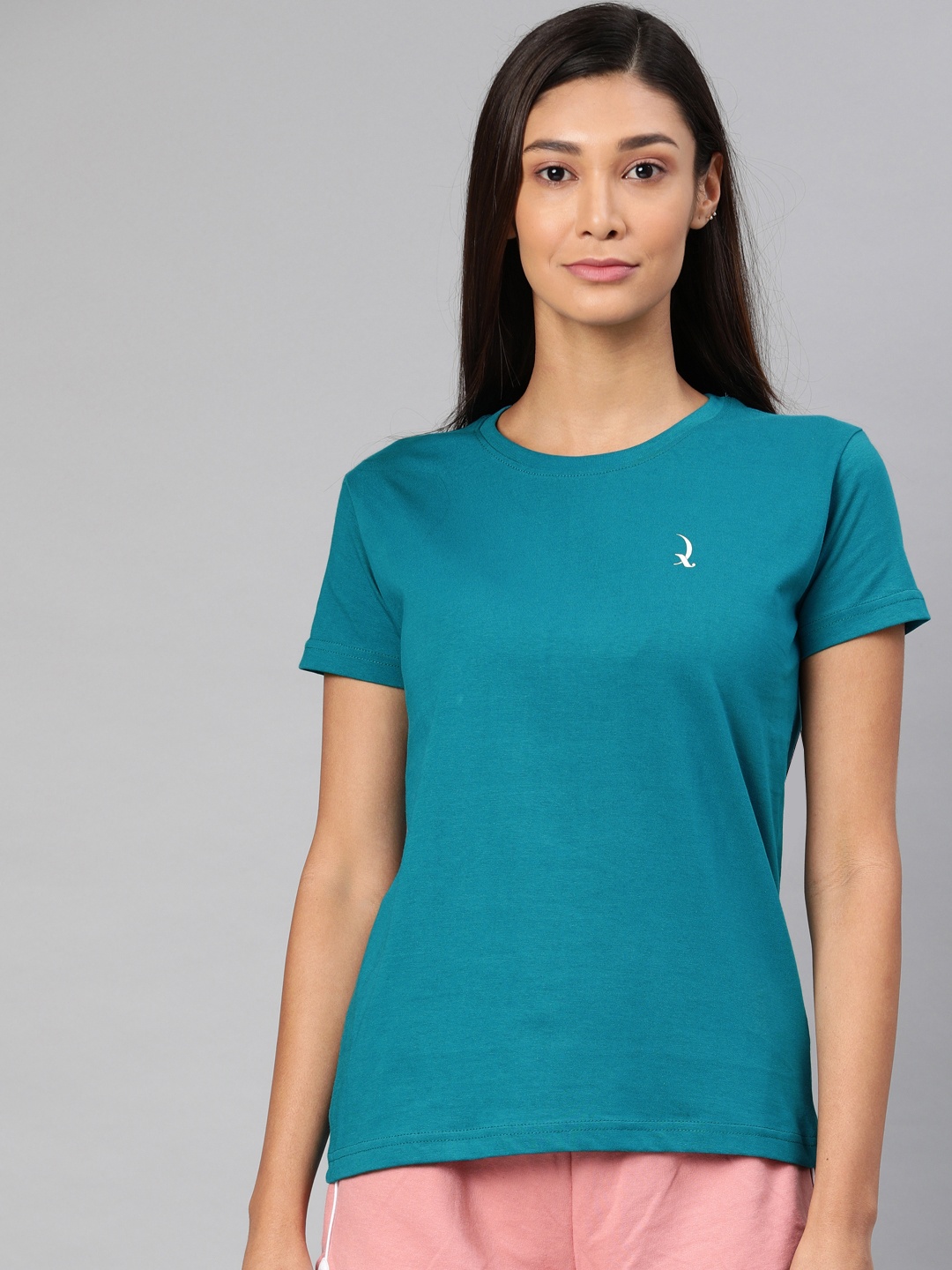 

QUARANTINE Women Teal Blue Solid Round Neck Lounge T-shirt